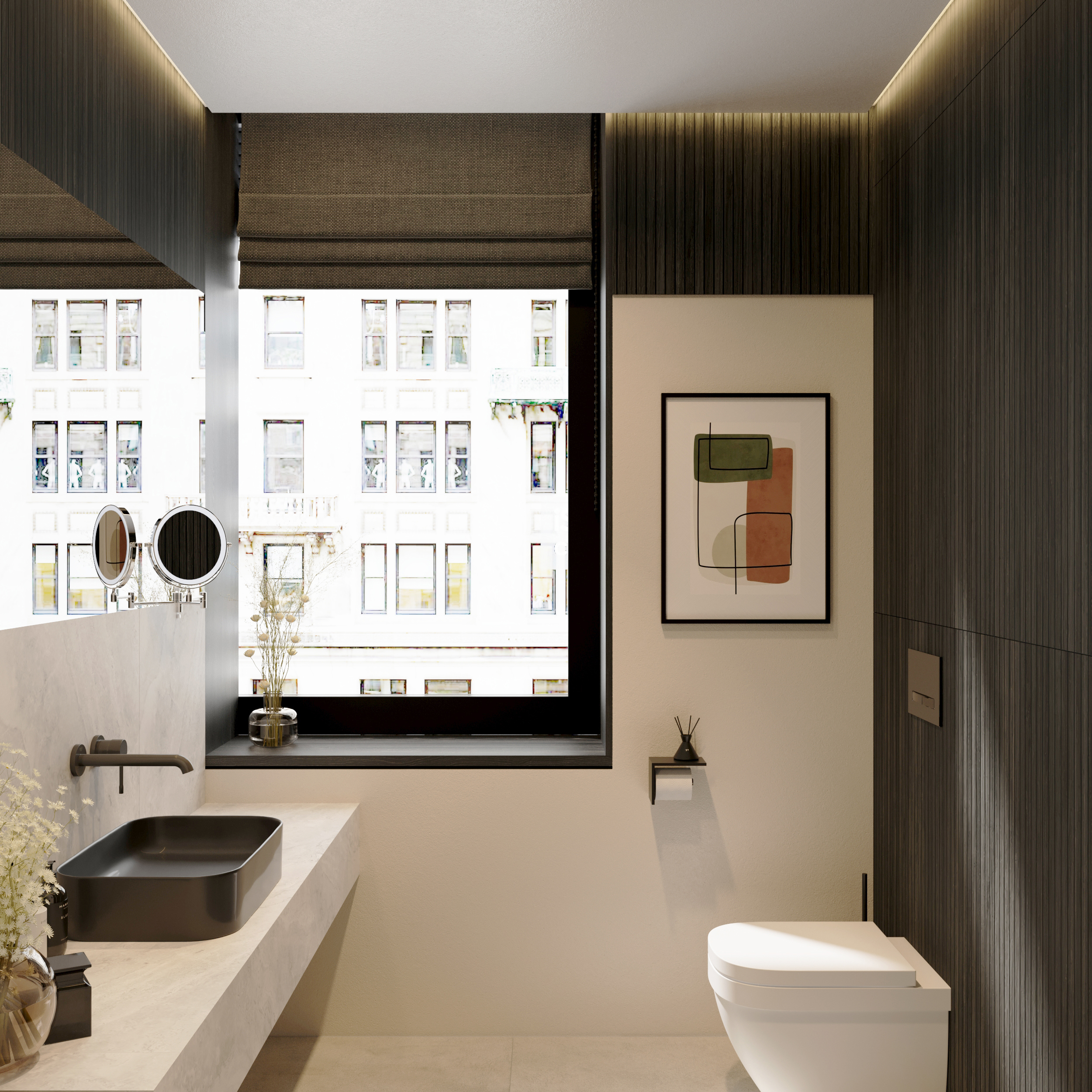 Washroom with a stone vanity and black basin, beside a window onto the street.