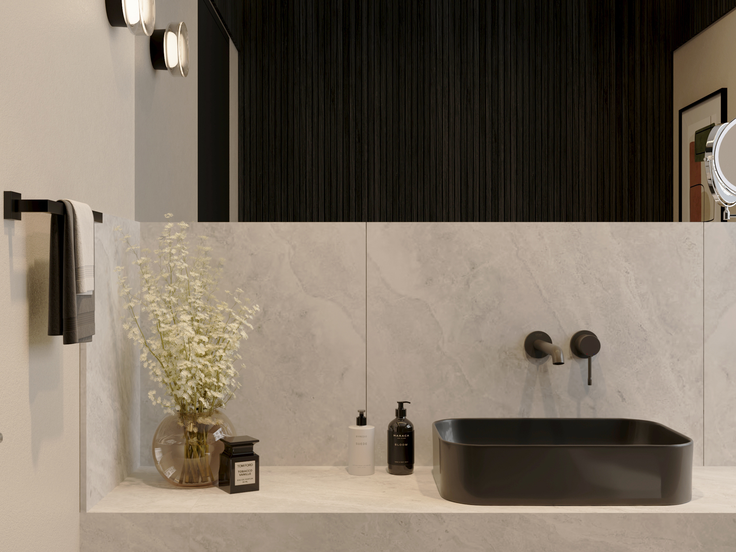 Washroom detail: a stone basin and black tapware against a dark fluted wall.
