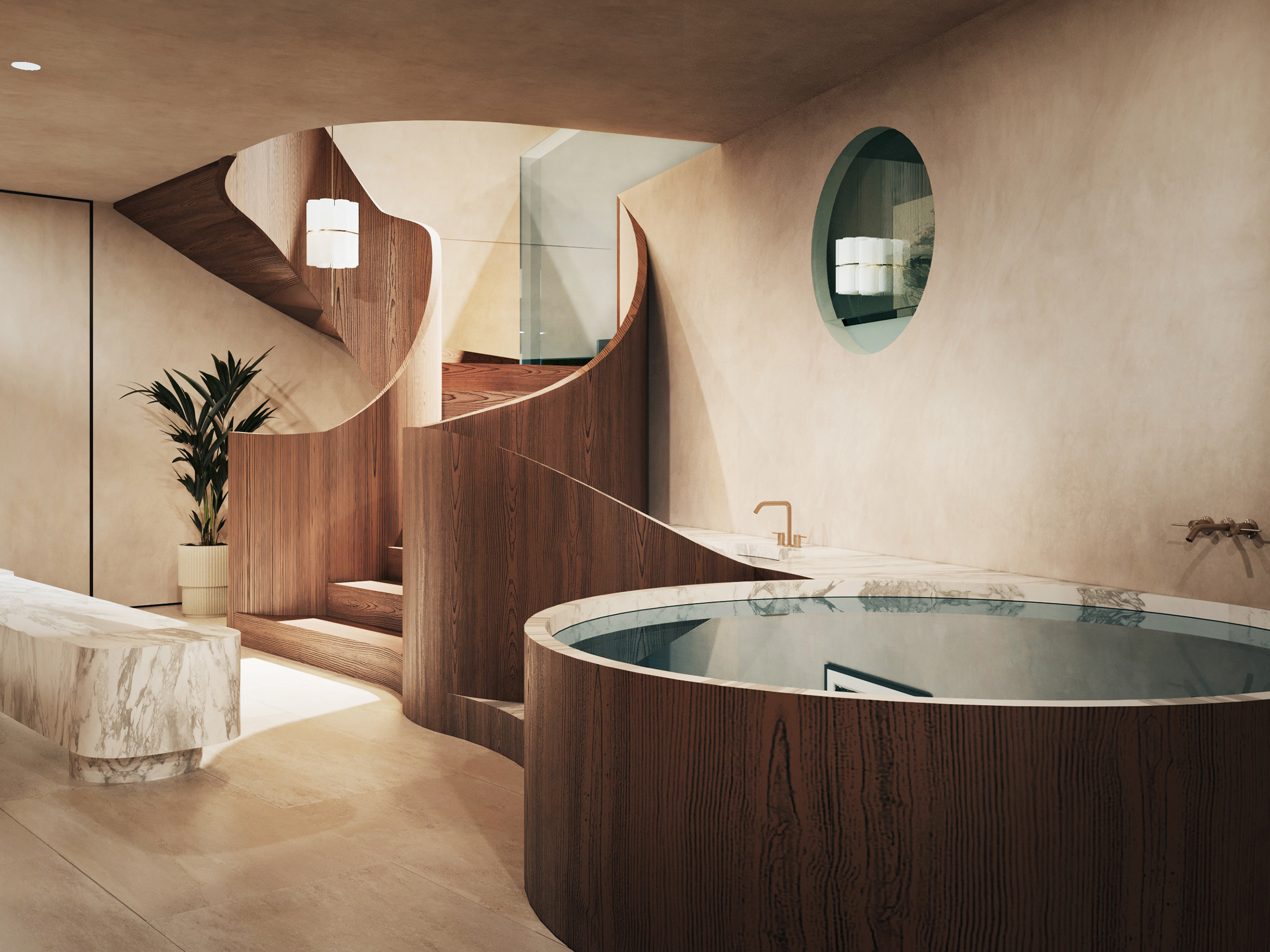 Spa with a circular timber-clad plunge pool, curved plaster walls and a green tiled niche.
