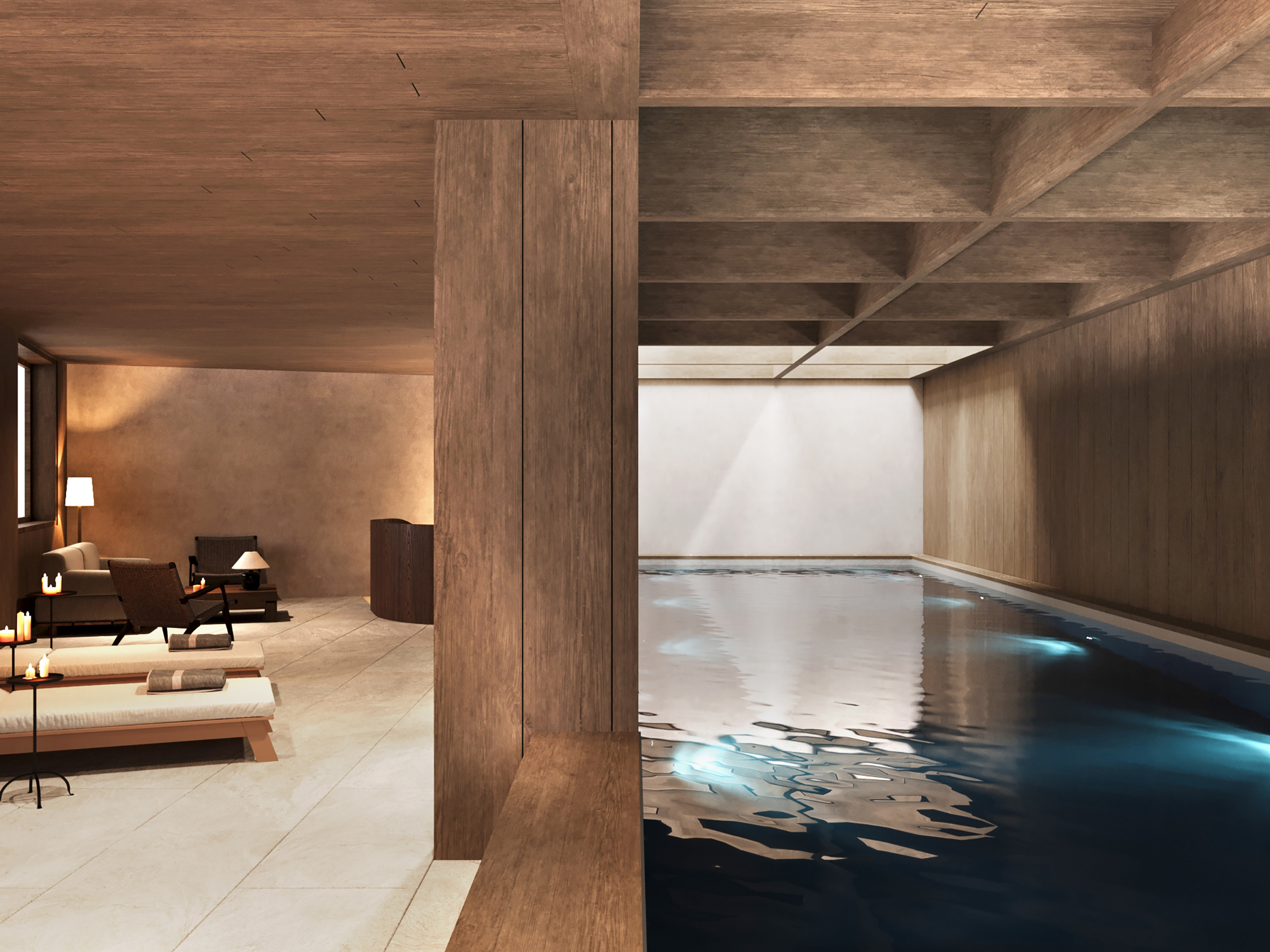 Indoor pool seen past a timber column, with loungers under a coffered timber ceiling.