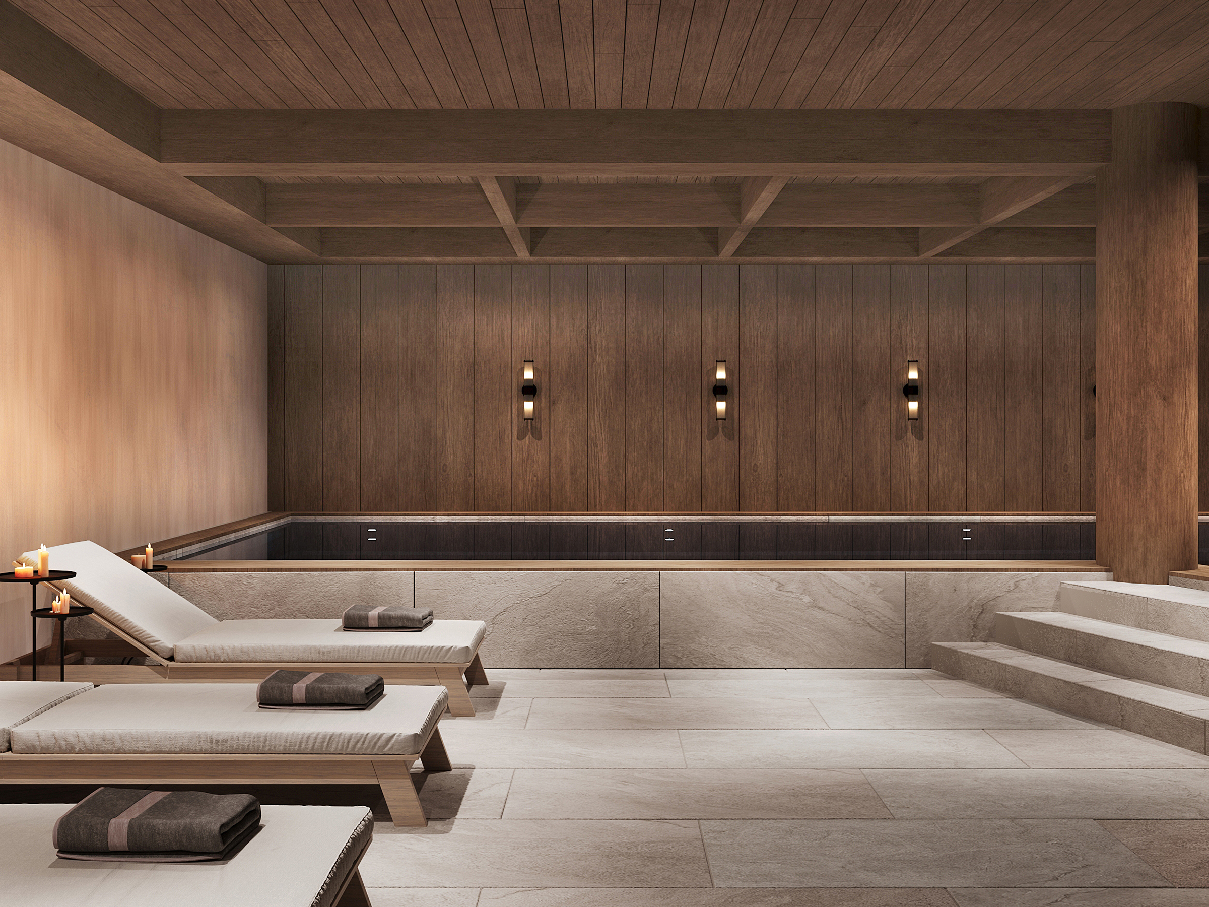 Indoor pool hall lined in timber, with wall lights and steps down to the water.