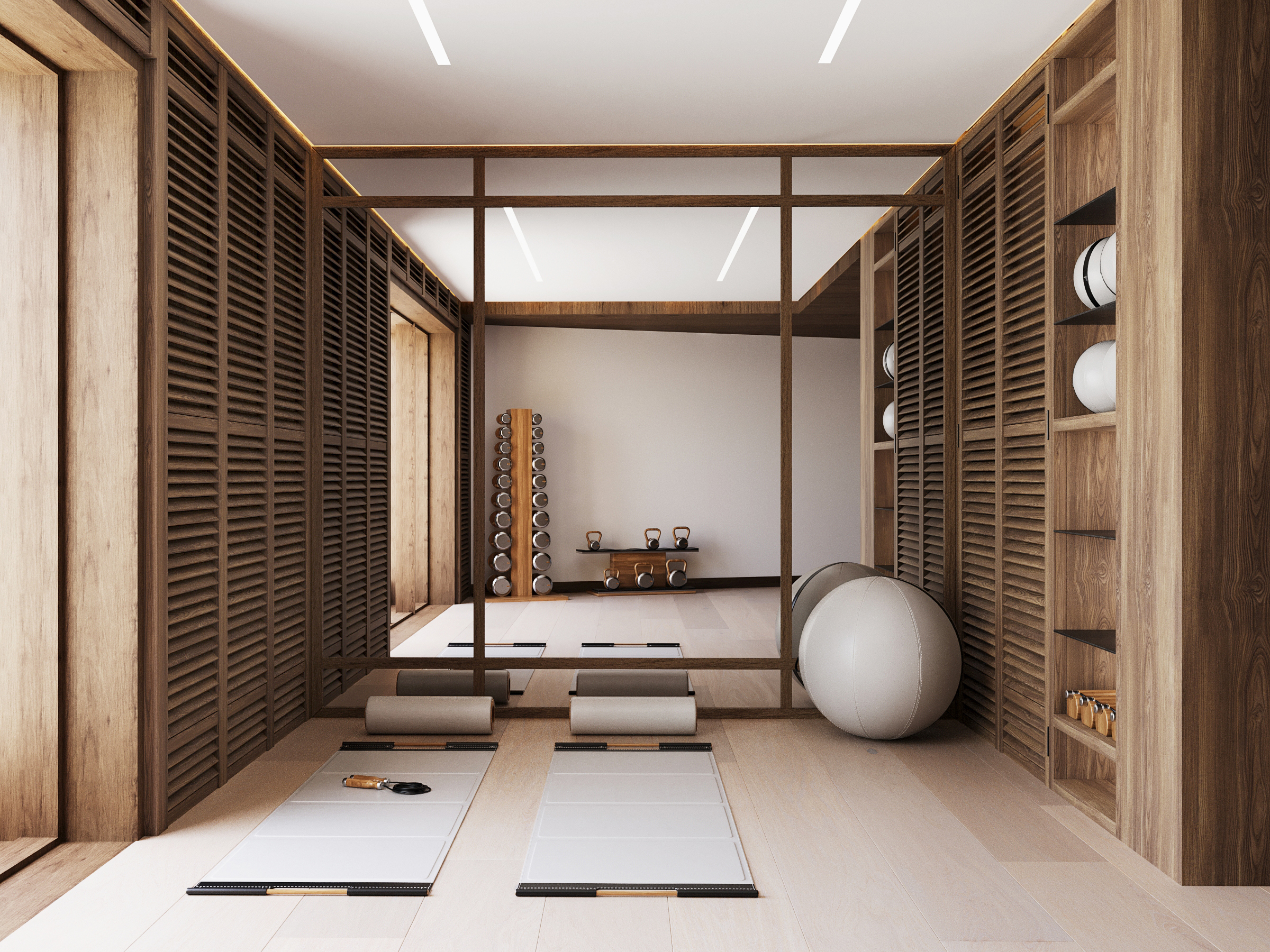 Gym and yoga room behind slatted timber screens, with mats and open shelving.