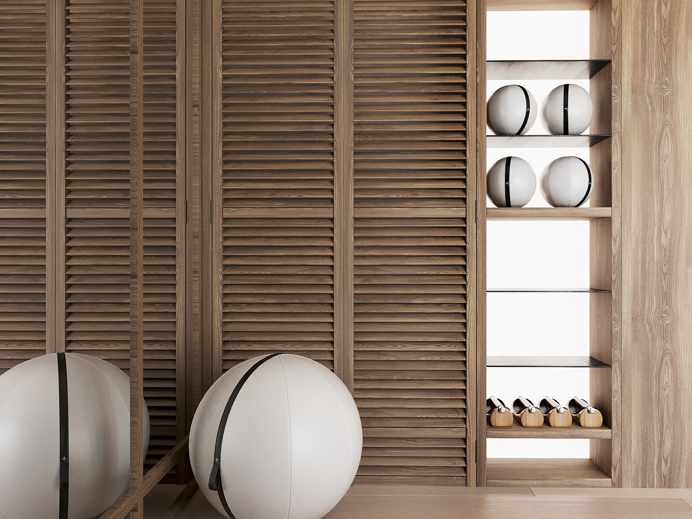 Slatted timber wardrobe doors beside open shelving and exercise balls.