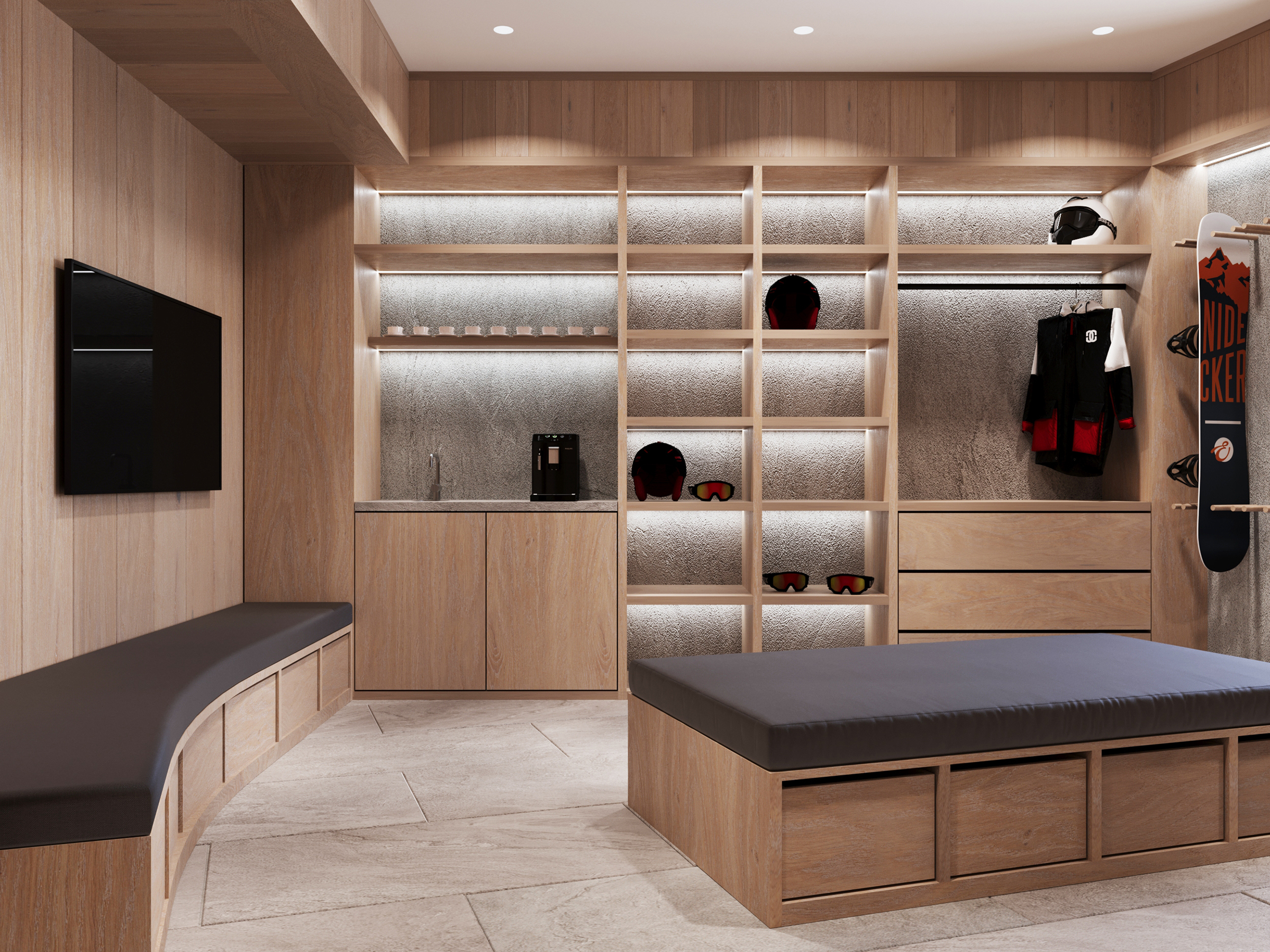 Ski room with fitted timber lockers holding helmets, boots, skis and a snowboard.