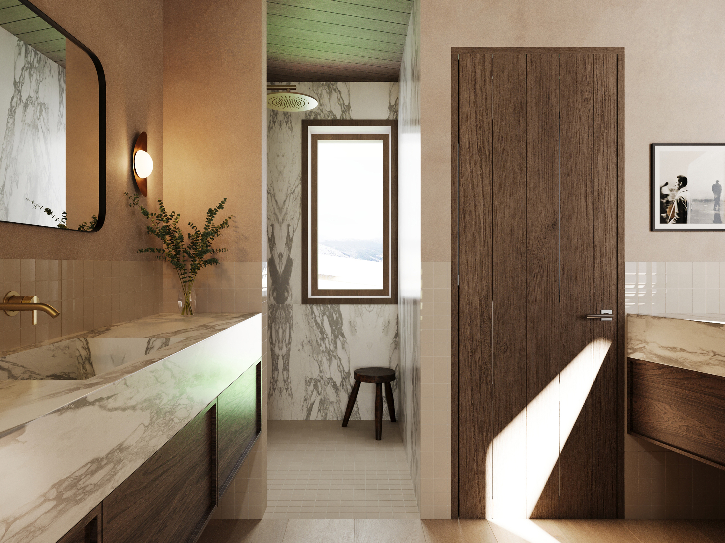 Bathroom with a marble vanity, wall light and timber stool beside a tall window.