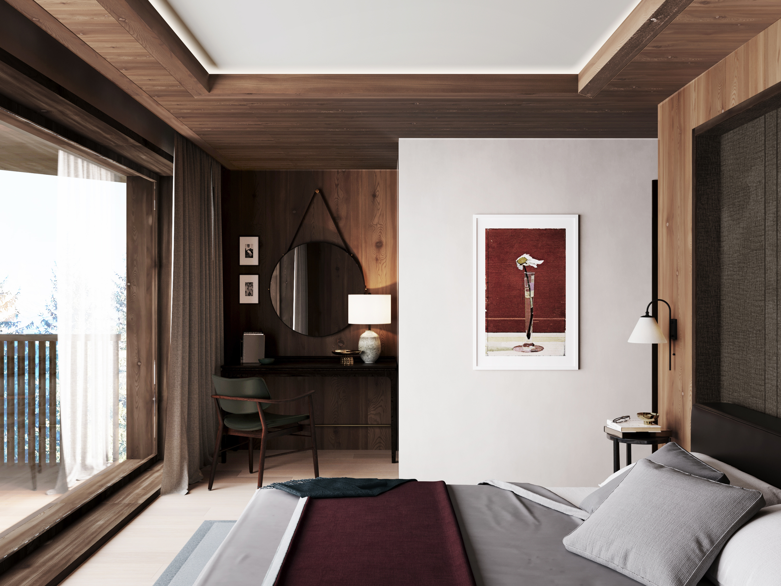Bedroom with a desk and mirror, opening to a balcony above the valley.