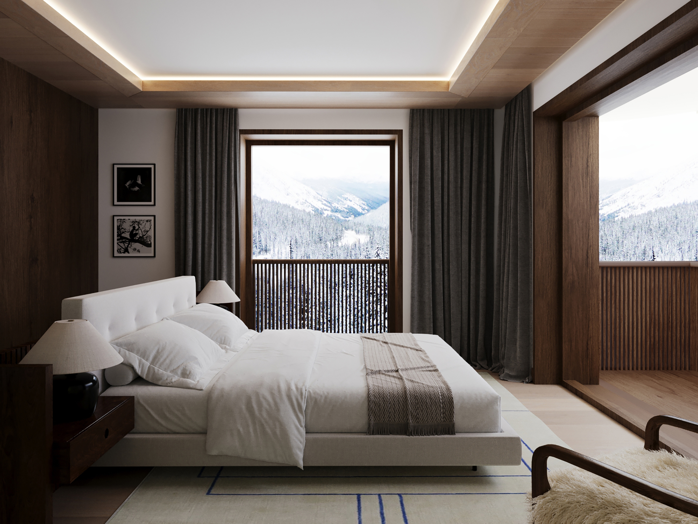 Bedroom facing a window onto the mountains, under a timber-panelled ceiling.