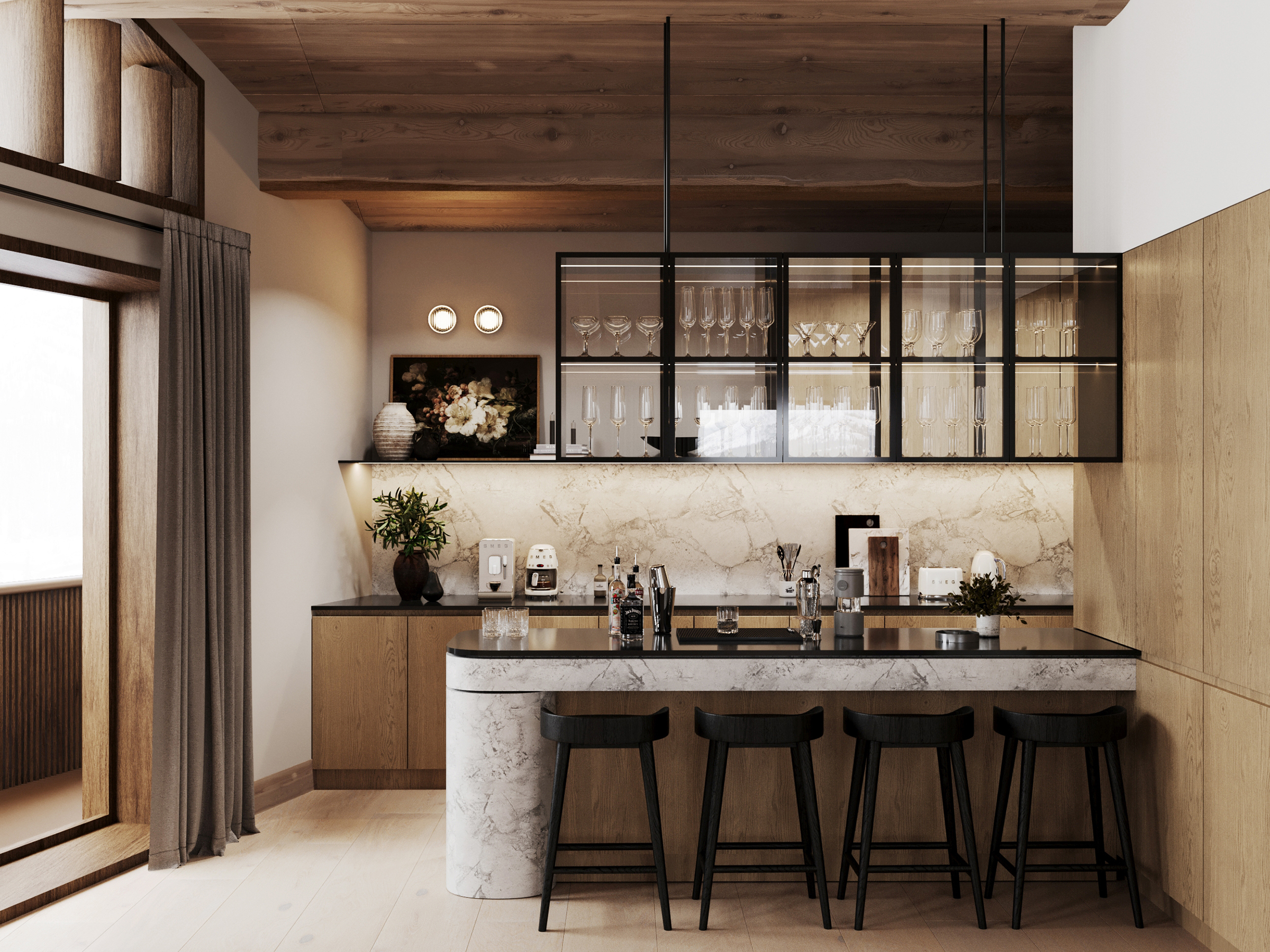 Kitchen bar with a stone-topped island, black stools and glazed cabinets.