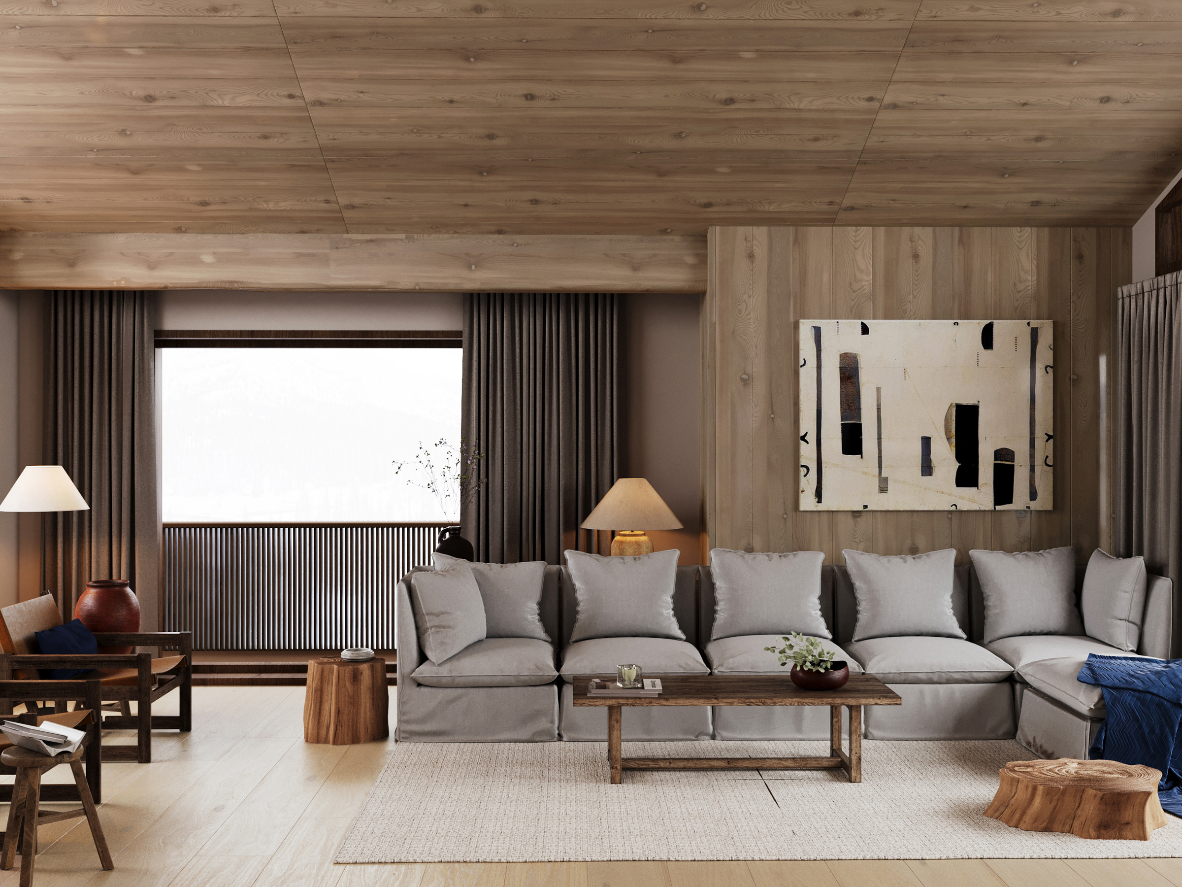Living room with a pale grey sectional sofa and low timber table under a timber ceiling.