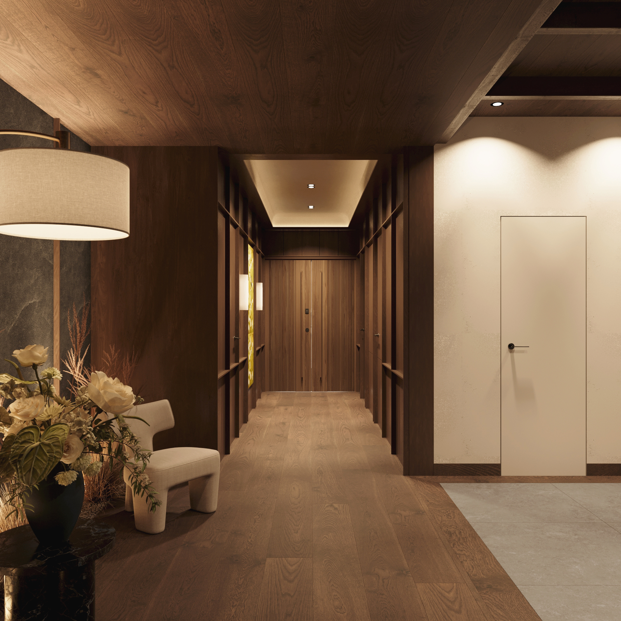 Timber-panelled entrance corridor with a bench and an arrangement of dried flowers.