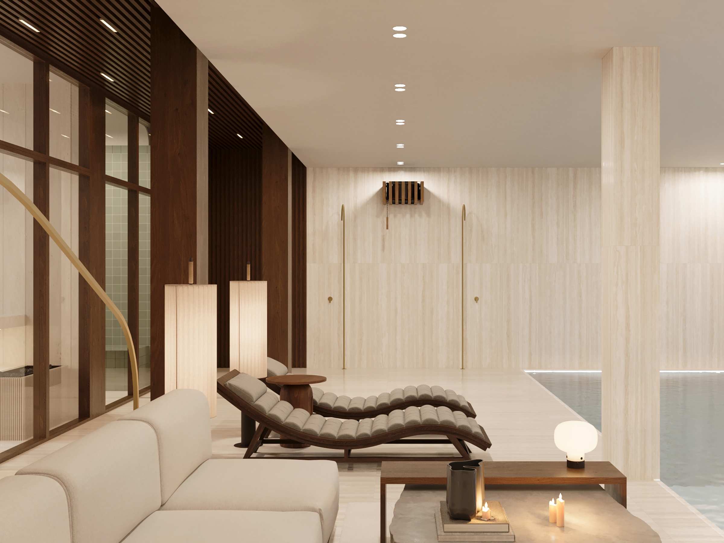 Spa relaxation area with a chaise longue beside the pool, under a tall lantern.