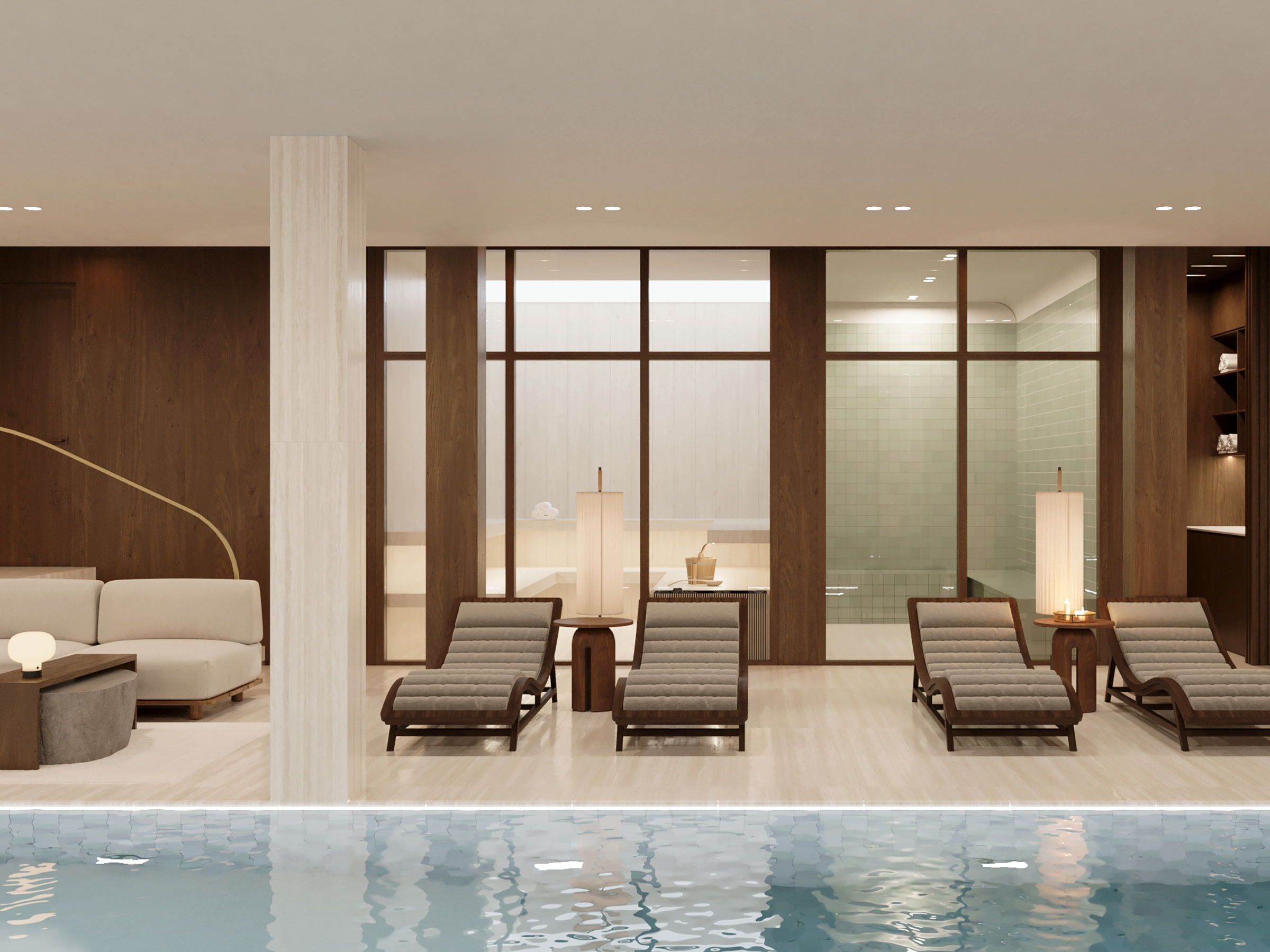 Indoor pool with loungers along its edge, behind timber-framed glazing.