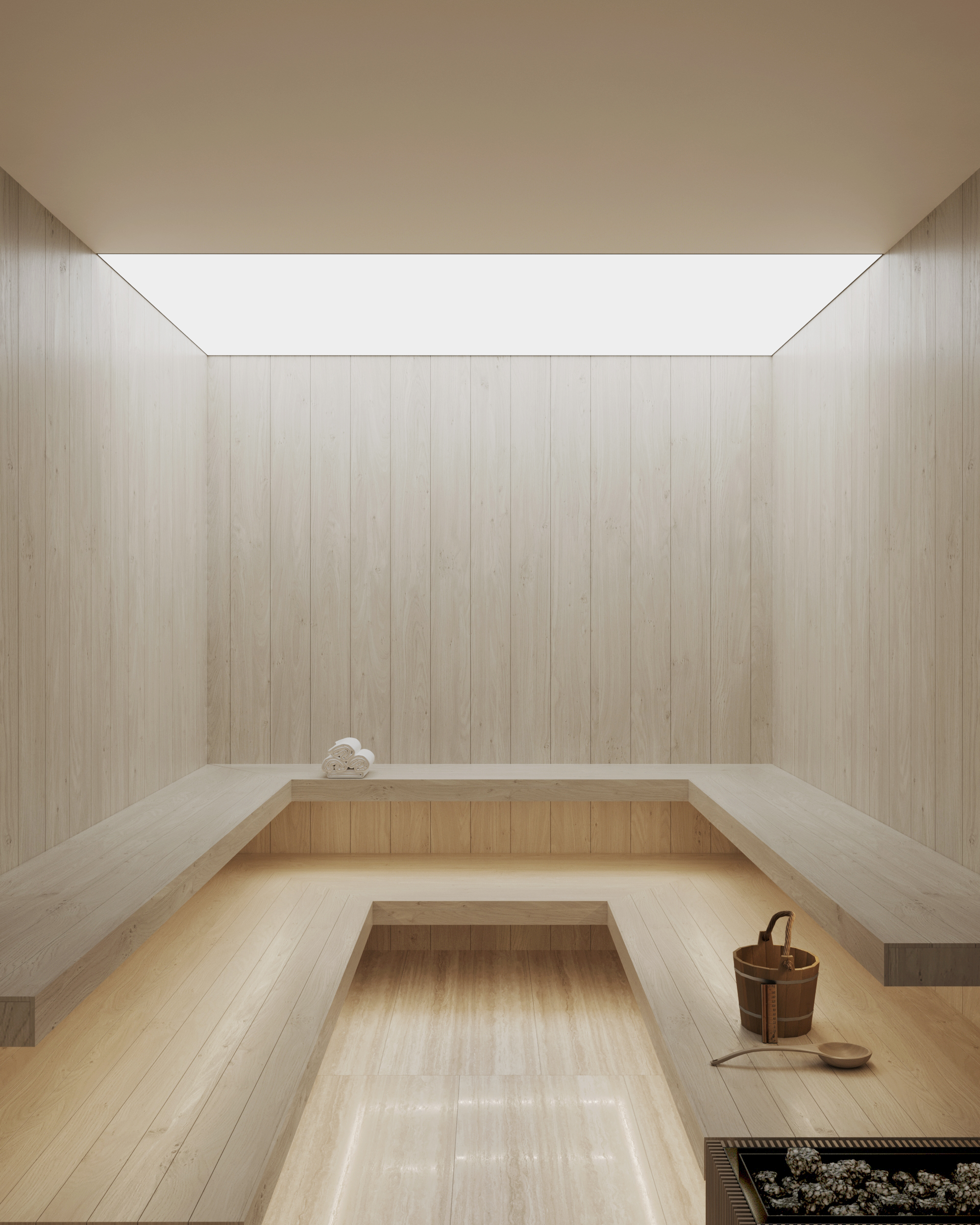 Timber-lined plunge pool beneath a long skylight.