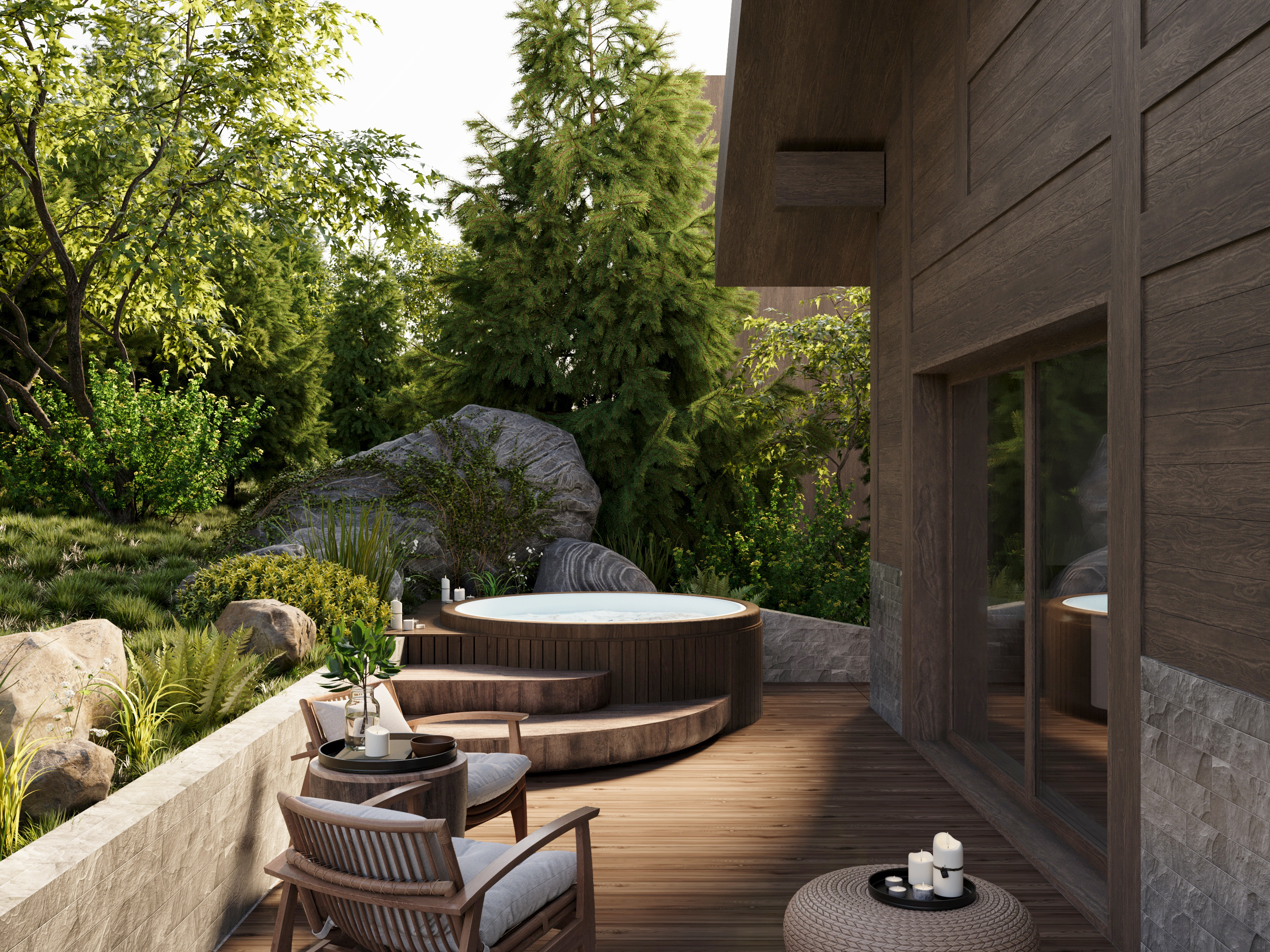 Outdoor hot tub on a timber terrace among the trees, with chairs alongside.