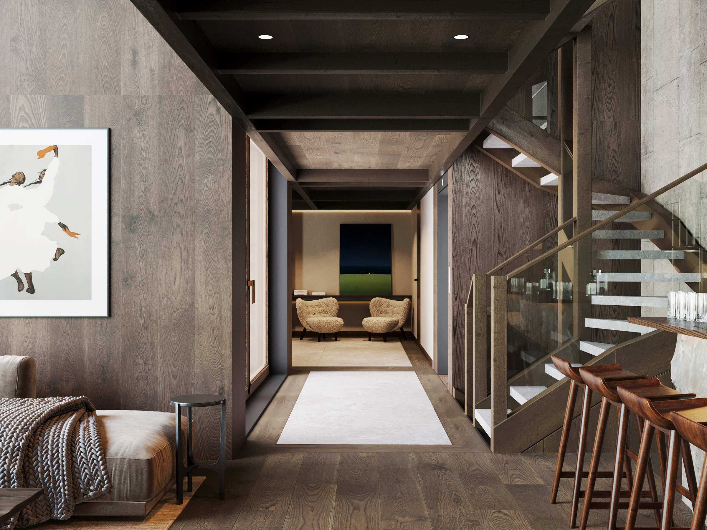 Corridor past a bedroom towards a staircase with a glass balustrade.