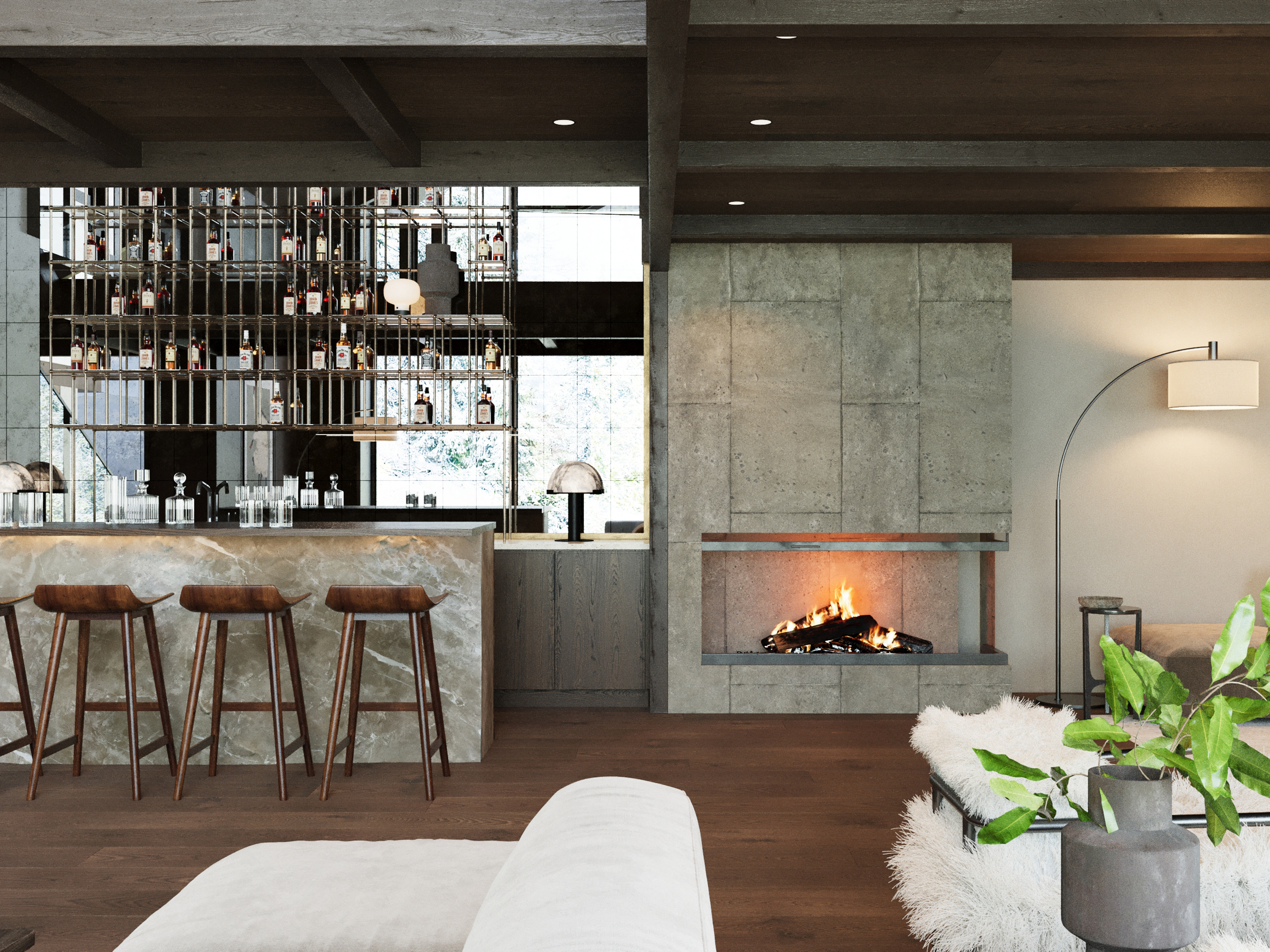 Bar with a lit bottle display and a fireplace, with stools along the counter.