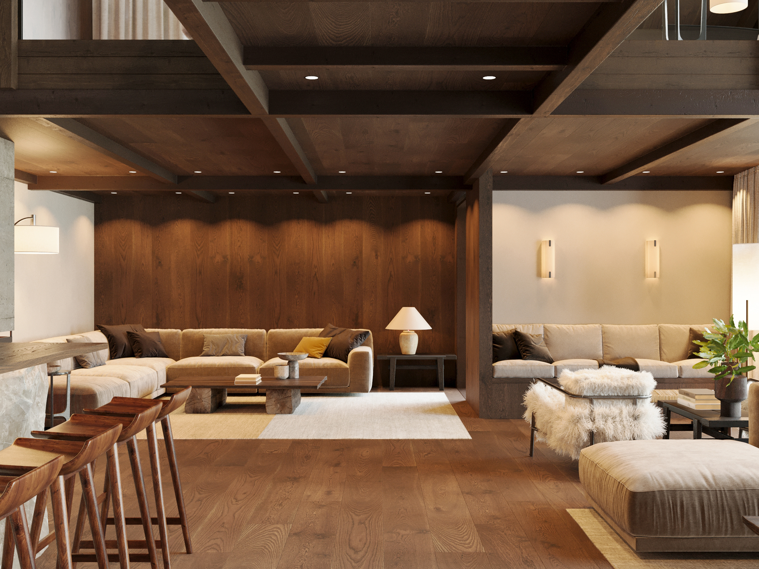 Living room with sofas and bar stools under exposed timber ceiling beams.
