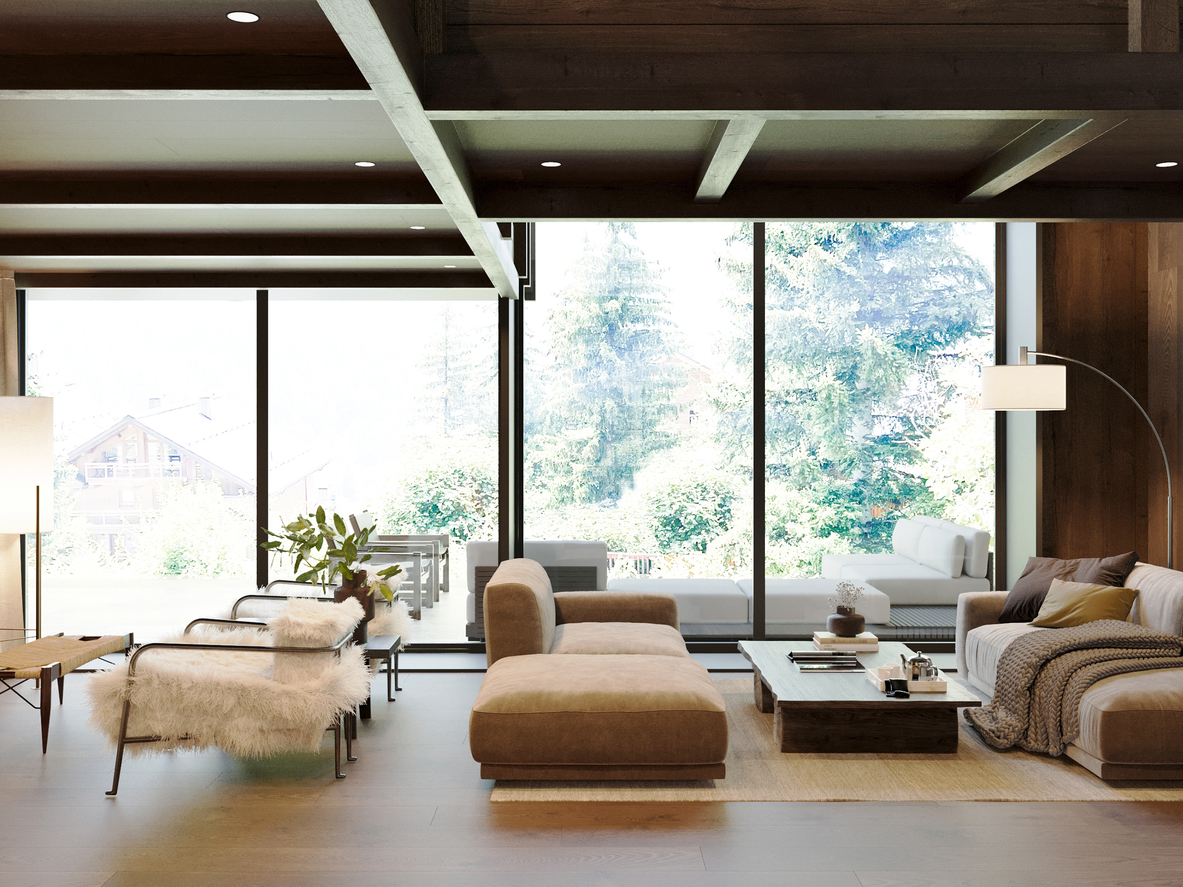 Living area facing full-height glazing, with ottomans and a mountain view.