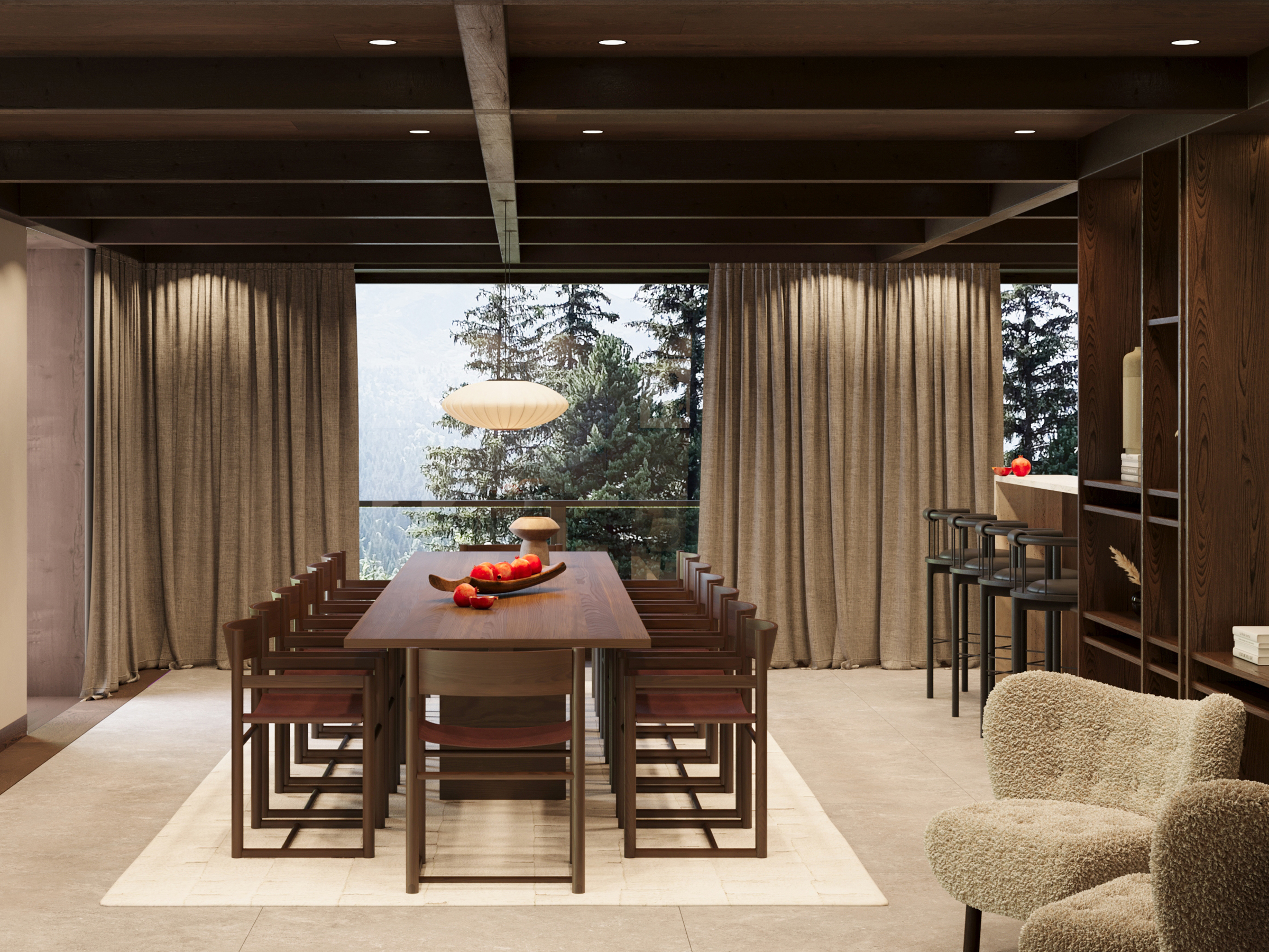 Dining table and chairs beside a curtained window onto the trees.