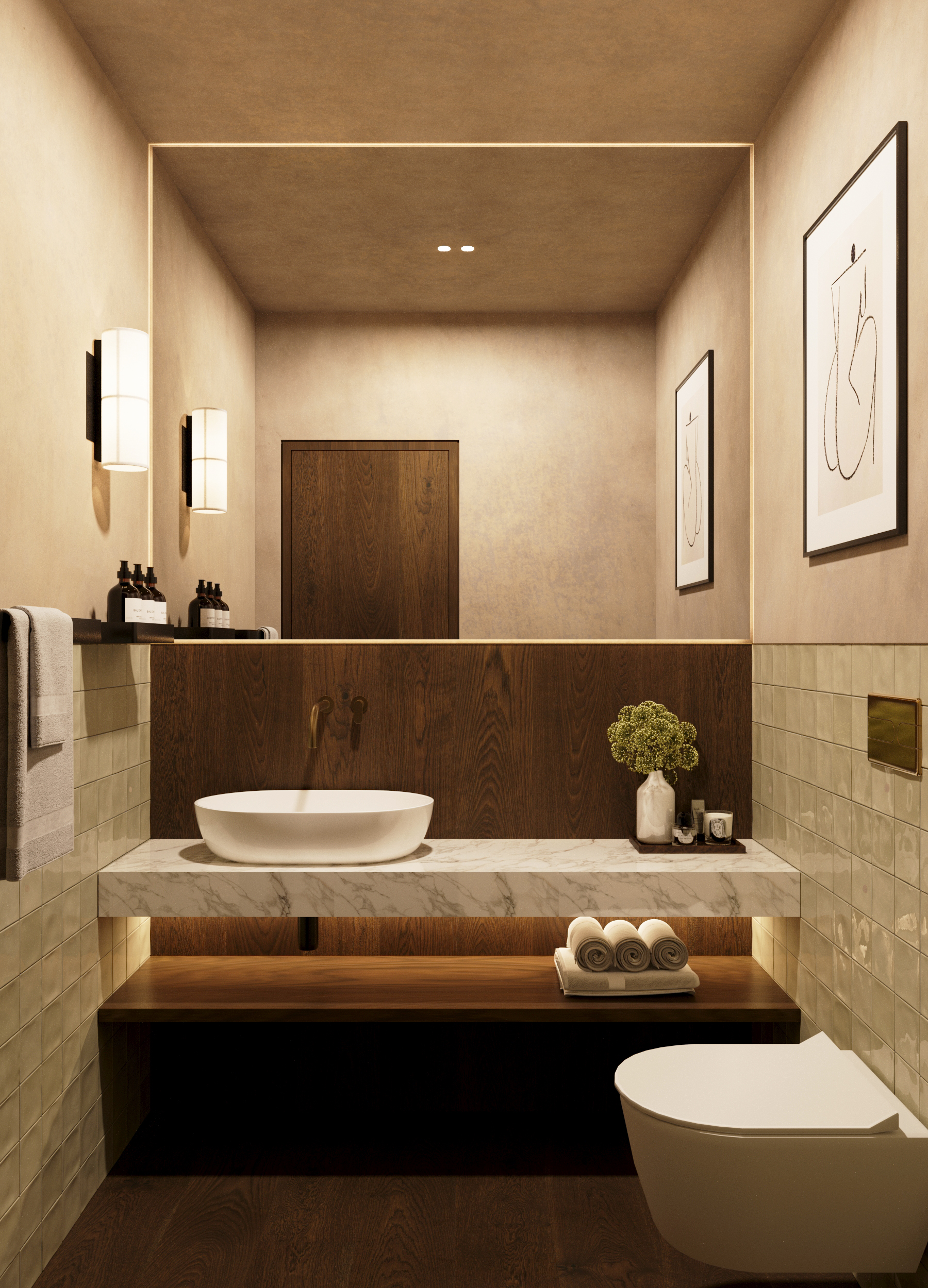 Bathroom with a stone basin set on a timber vanity beneath a framed drawing.
