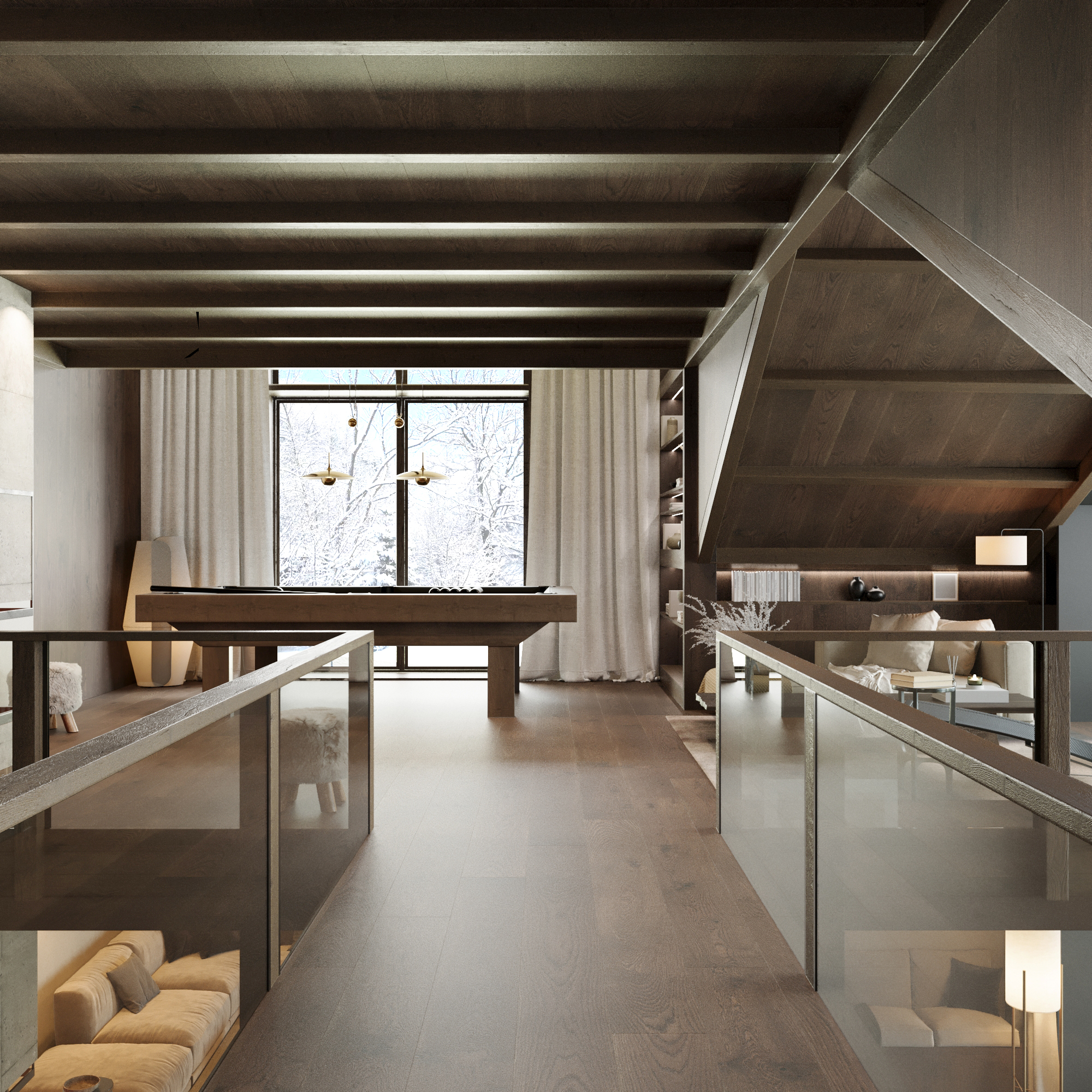 Games room with a pool table, seen from the mezzanine above its glass balustrade.