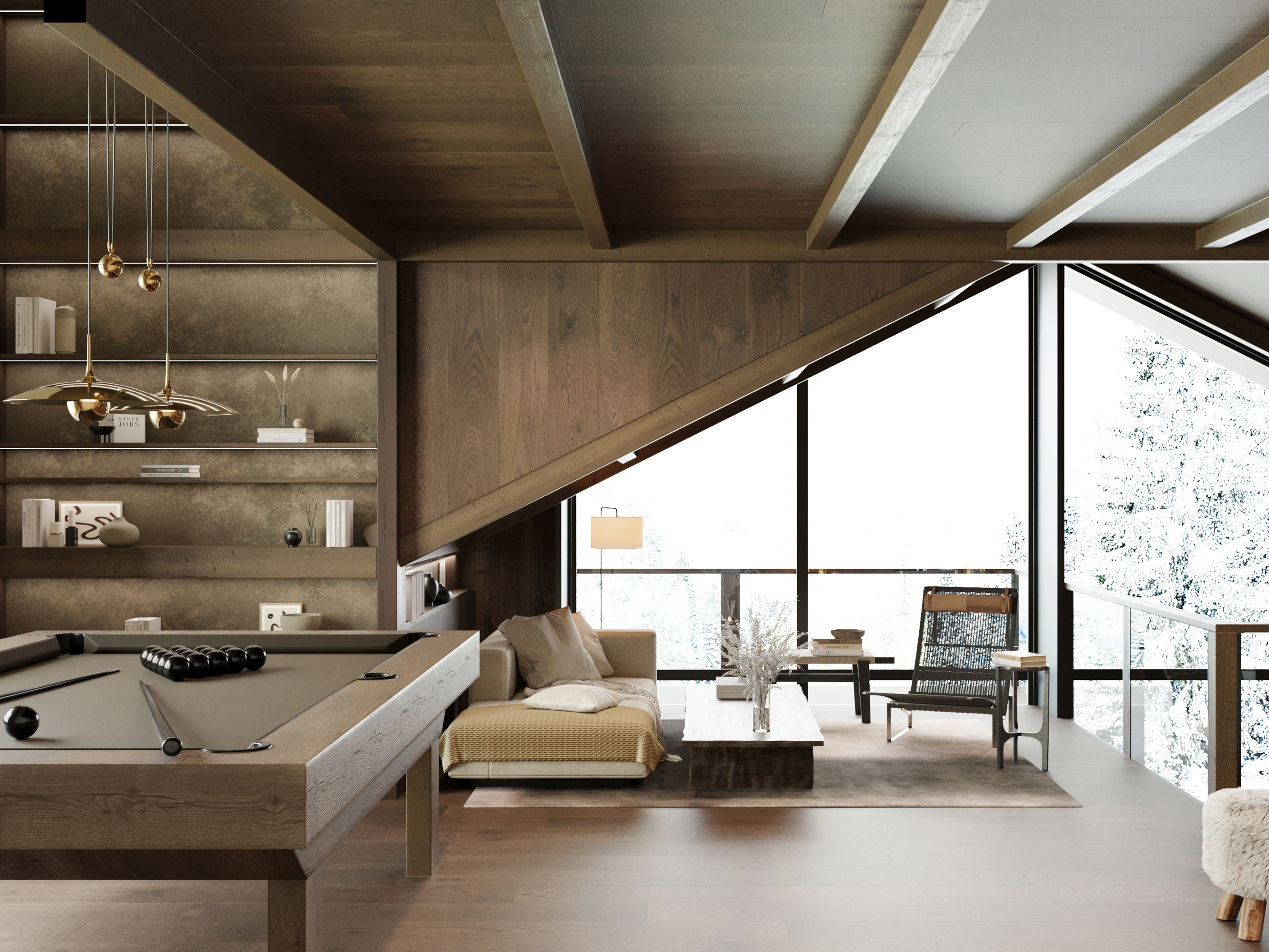 Games room from above, with shelving, seating and glazing onto the mountains.
