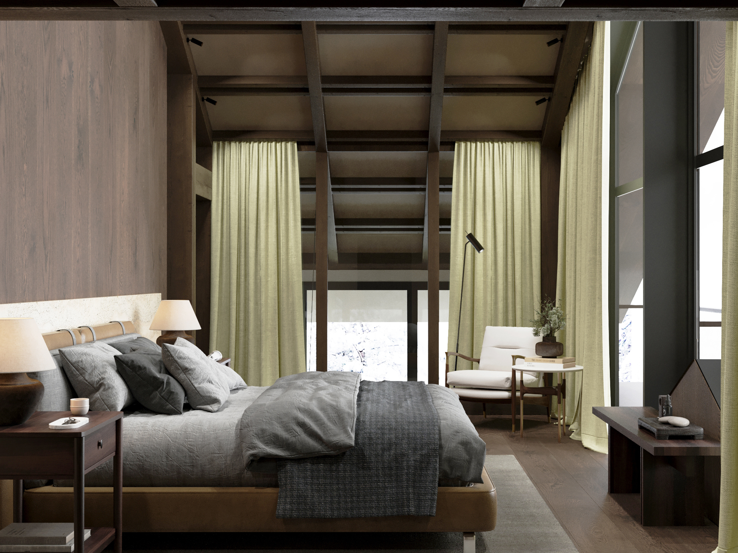 Bedroom with grey bedding and green curtains under exposed timber beams.