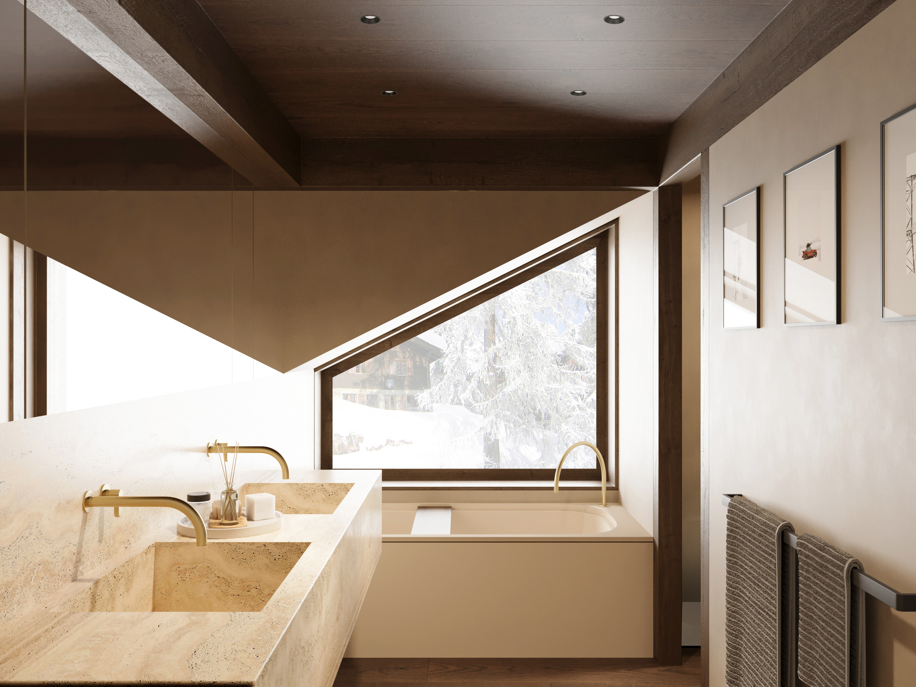 Bathroom with a stone basin and bath set beneath an angled window.