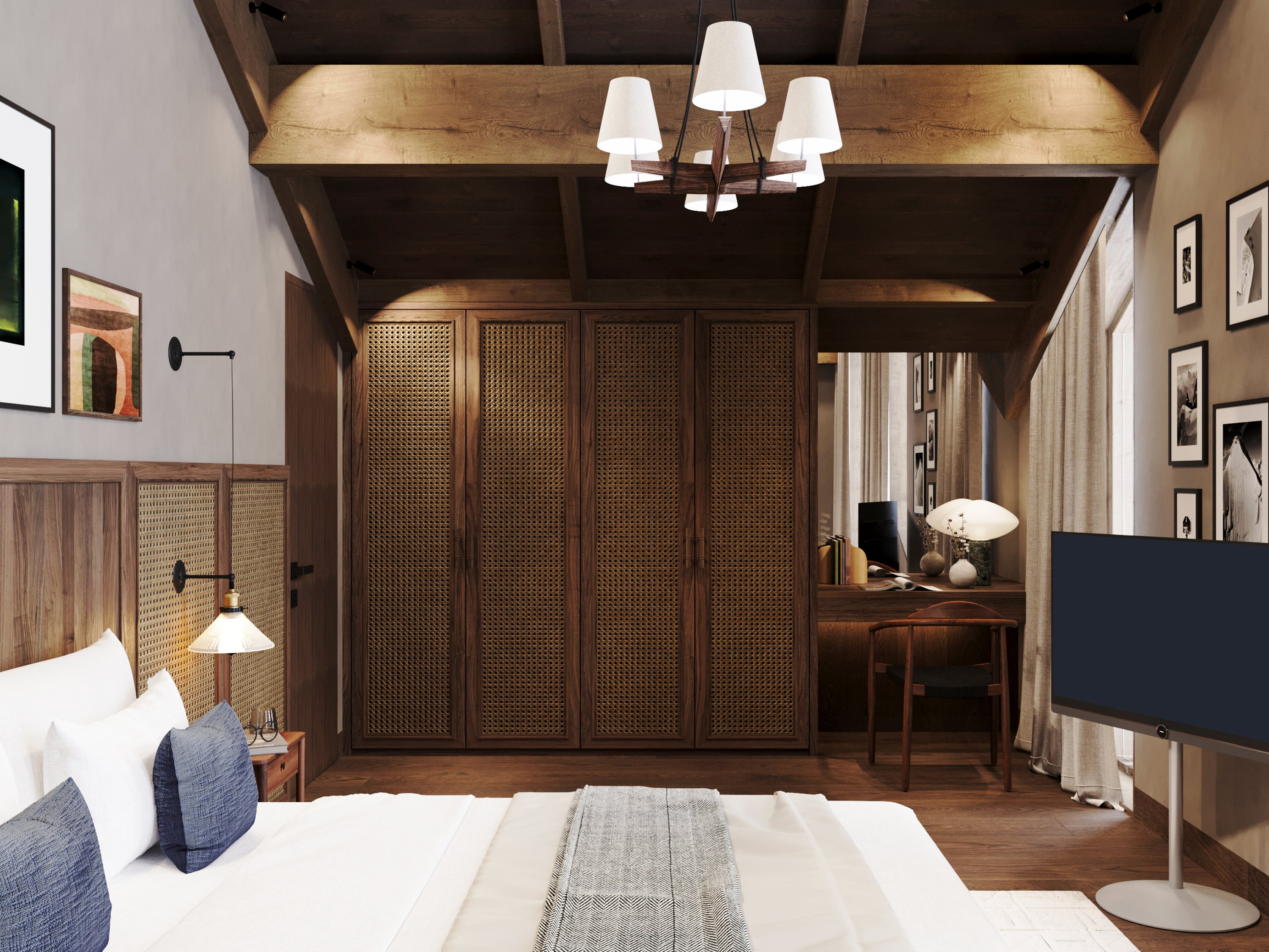 Bedroom with fitted timber wardrobes, a chandelier and blue cushions.