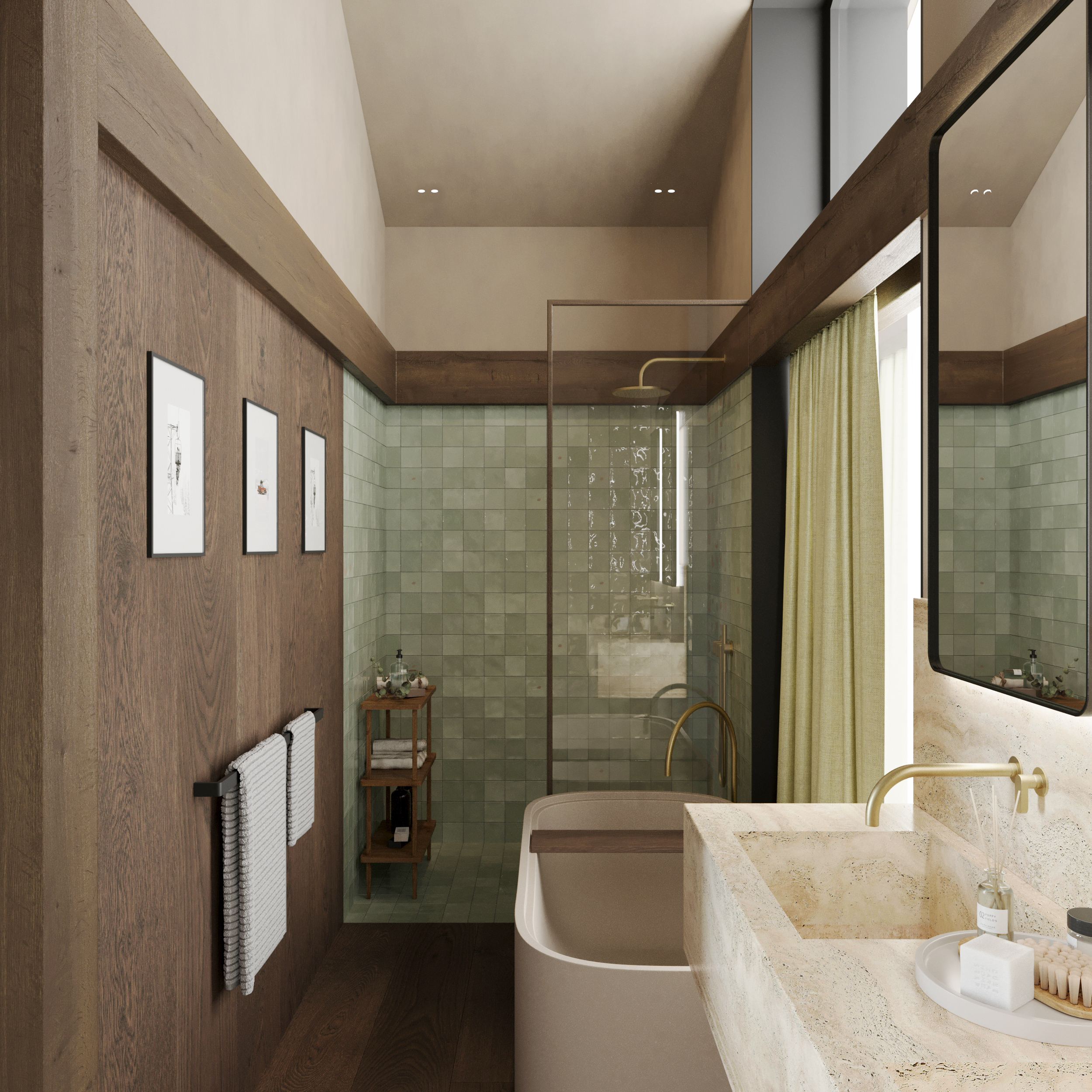 Bathroom with a green tiled shower, freestanding bath and stone basin.