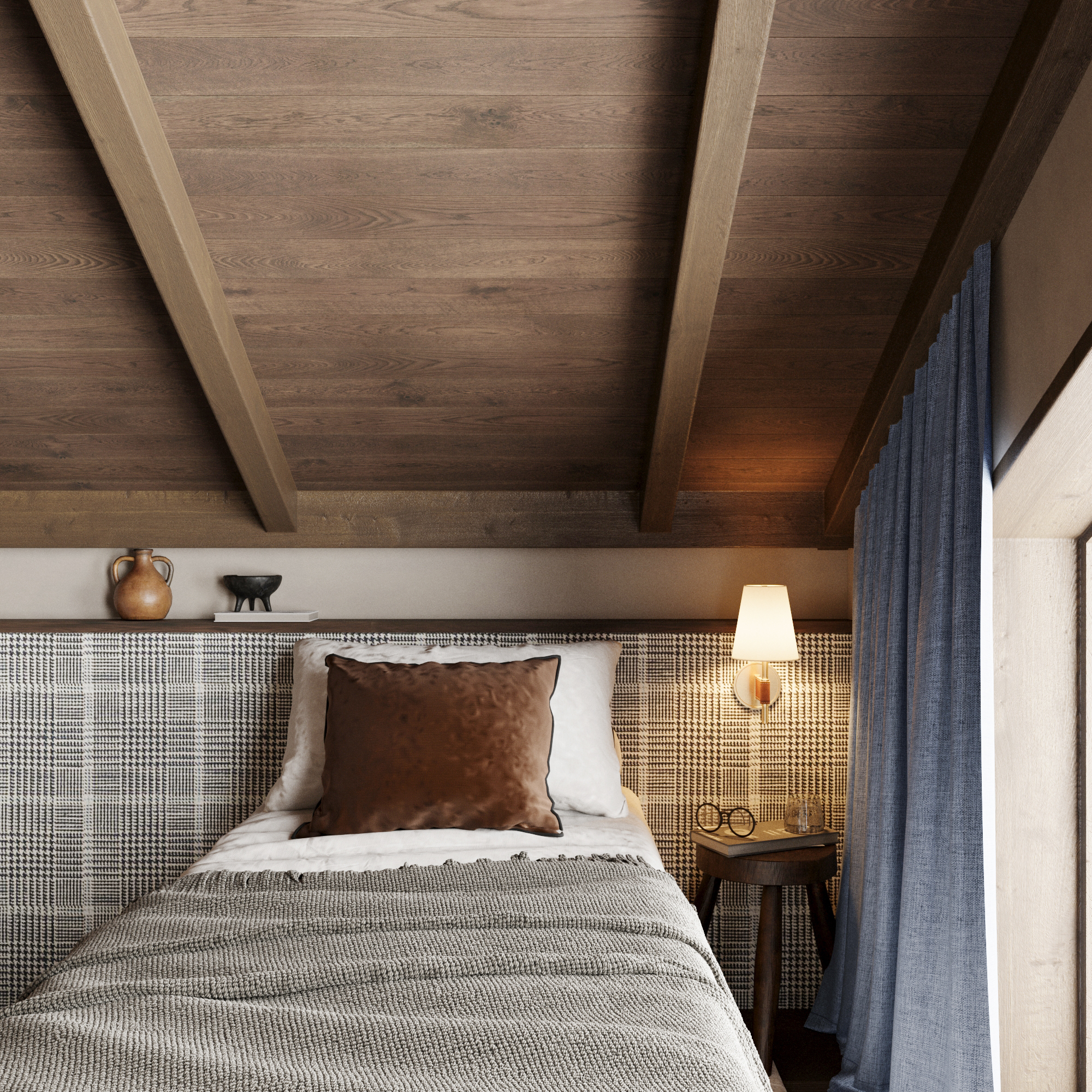 Bedroom with a textured throw and wall light, under timber ceiling beams.