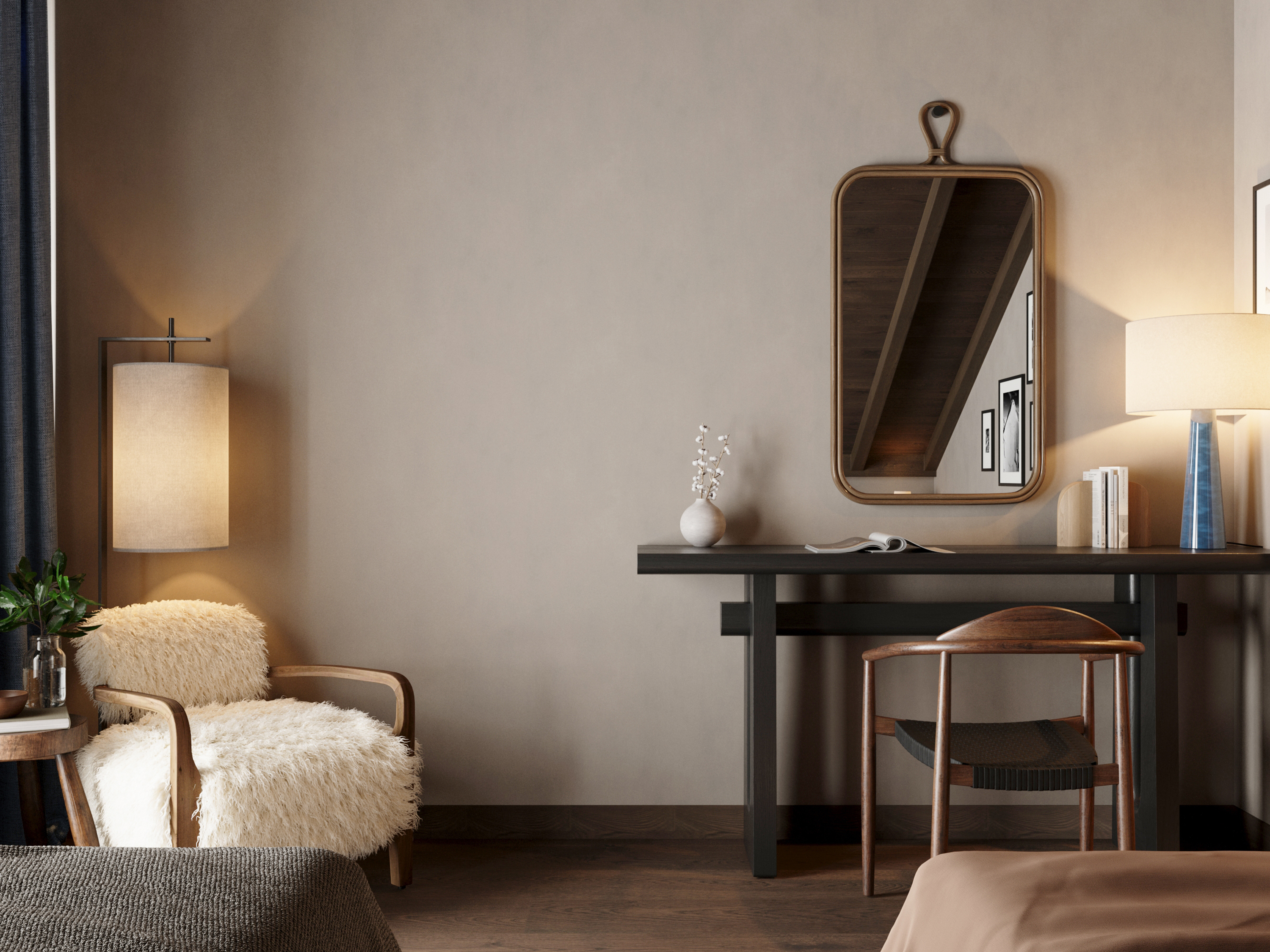 Bedroom corner with a console table, mirror and armchair.