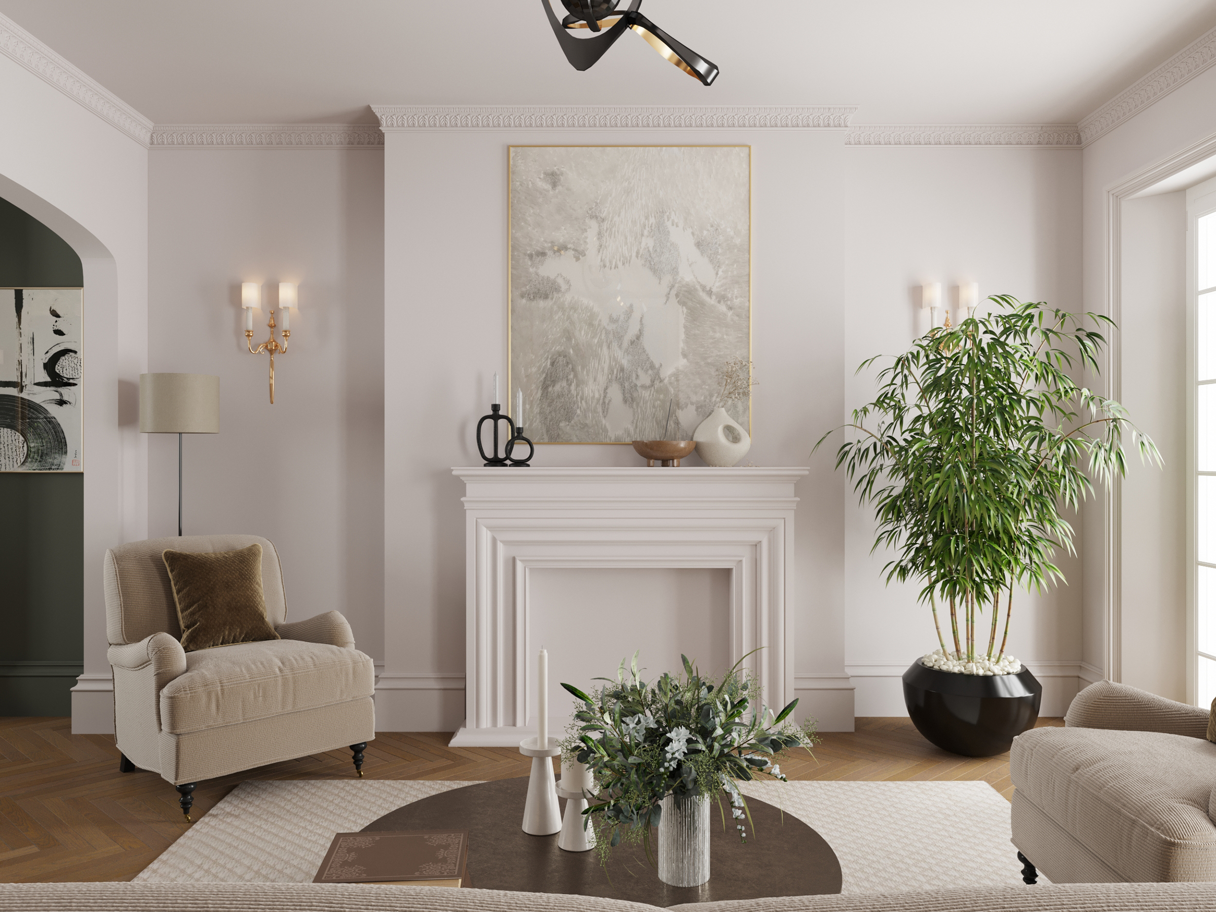 Living room with a white fireplace and artwork above, beside a tall potted plant.