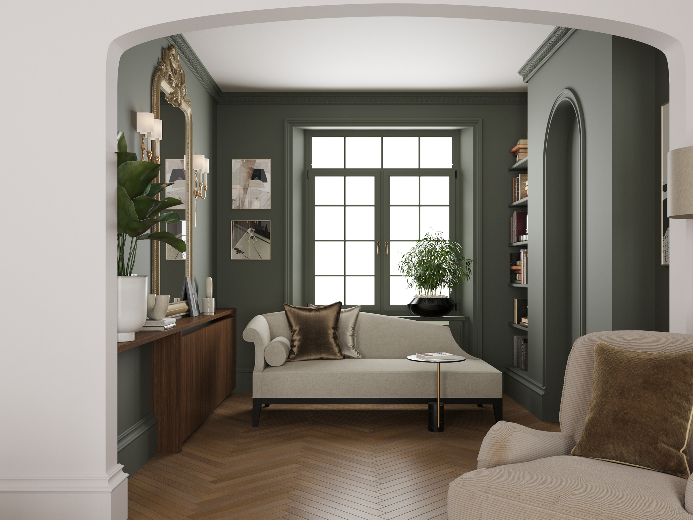 Green-panelled room with a daybed under the window, beyond an arched opening.