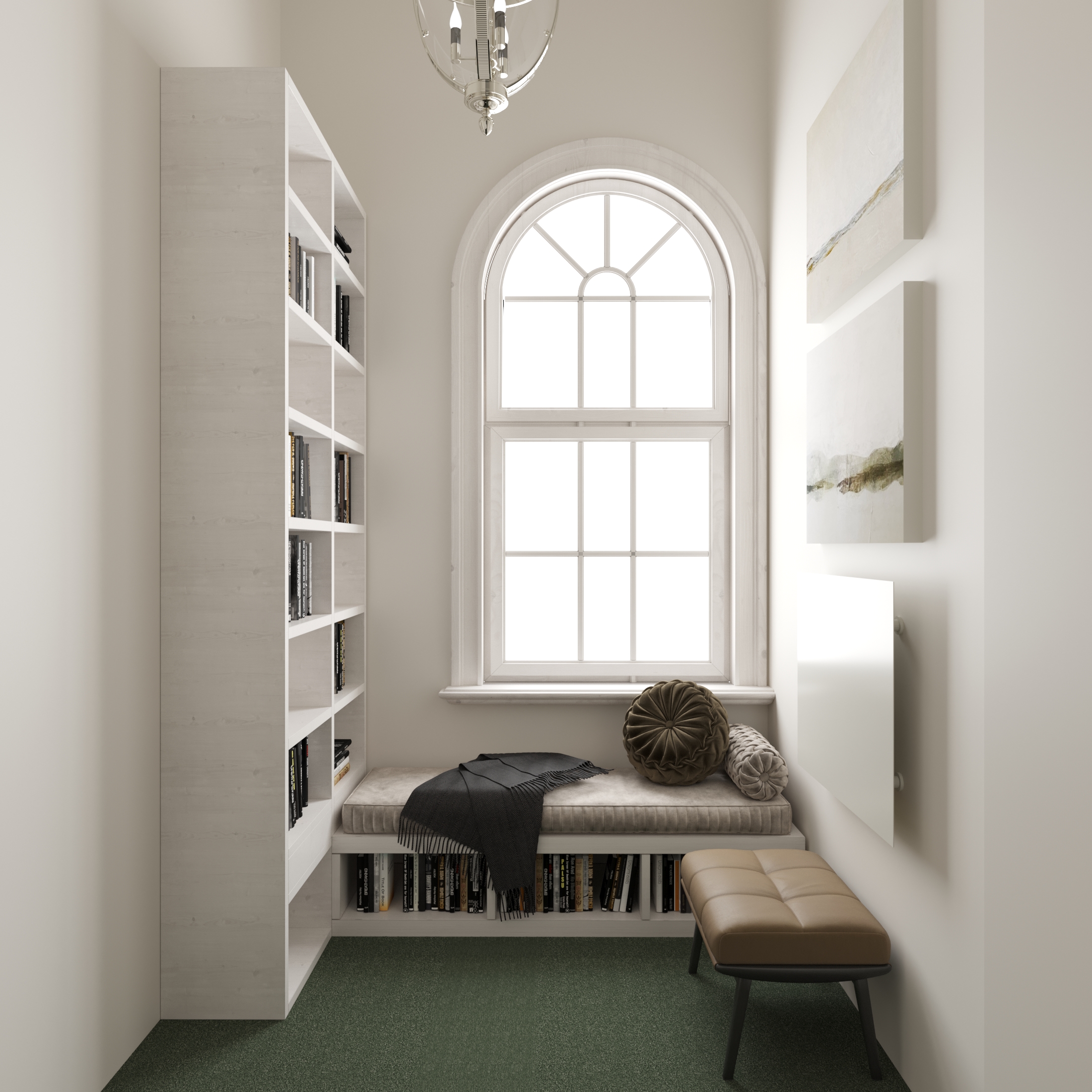 Library nook with white bookshelves and a window seat in an arched window.