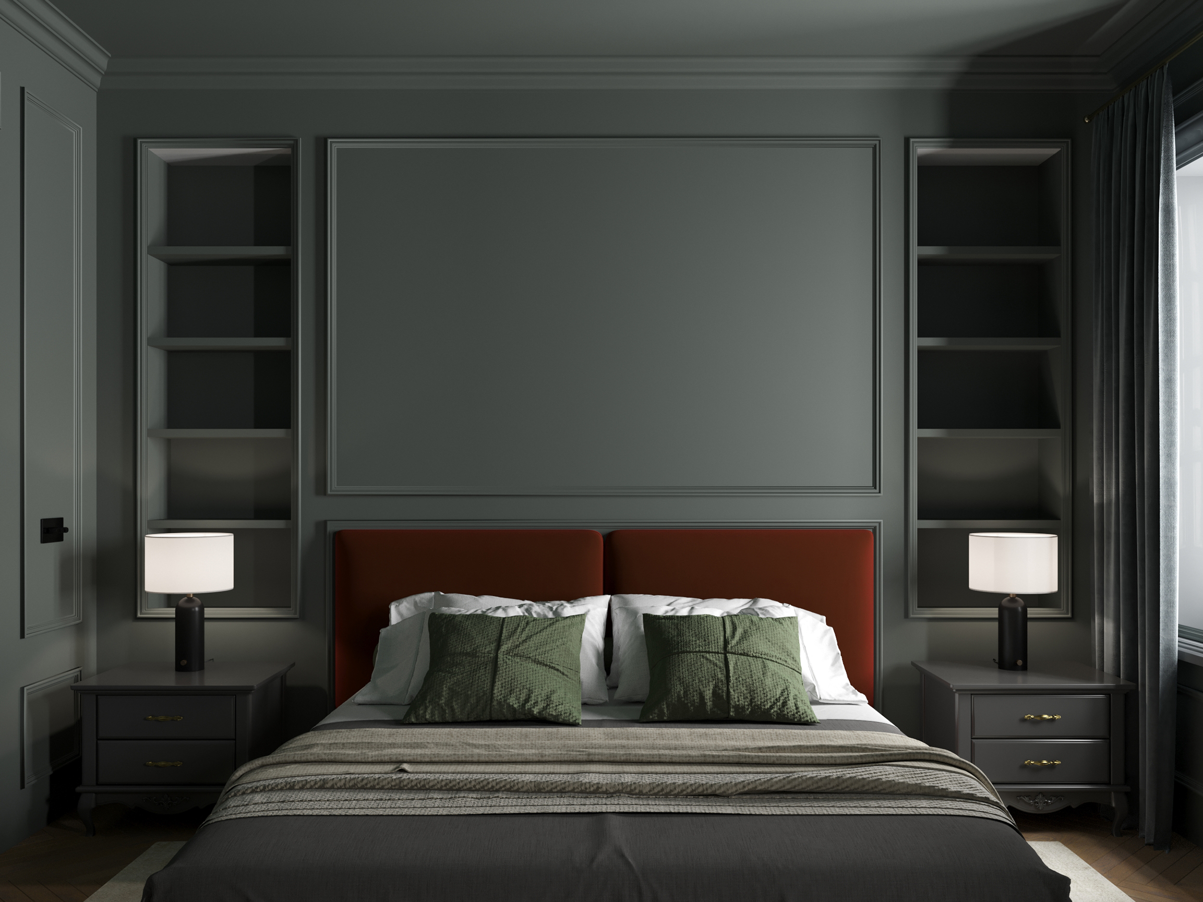 Bedroom with a rust headboard against dark green panelling and built-in shelving.