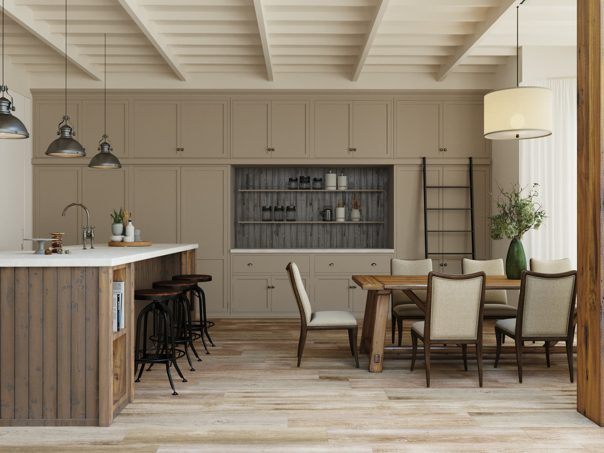 Kitchen and dining room with a timber island, bar stools and pale fitted cabinetry.
