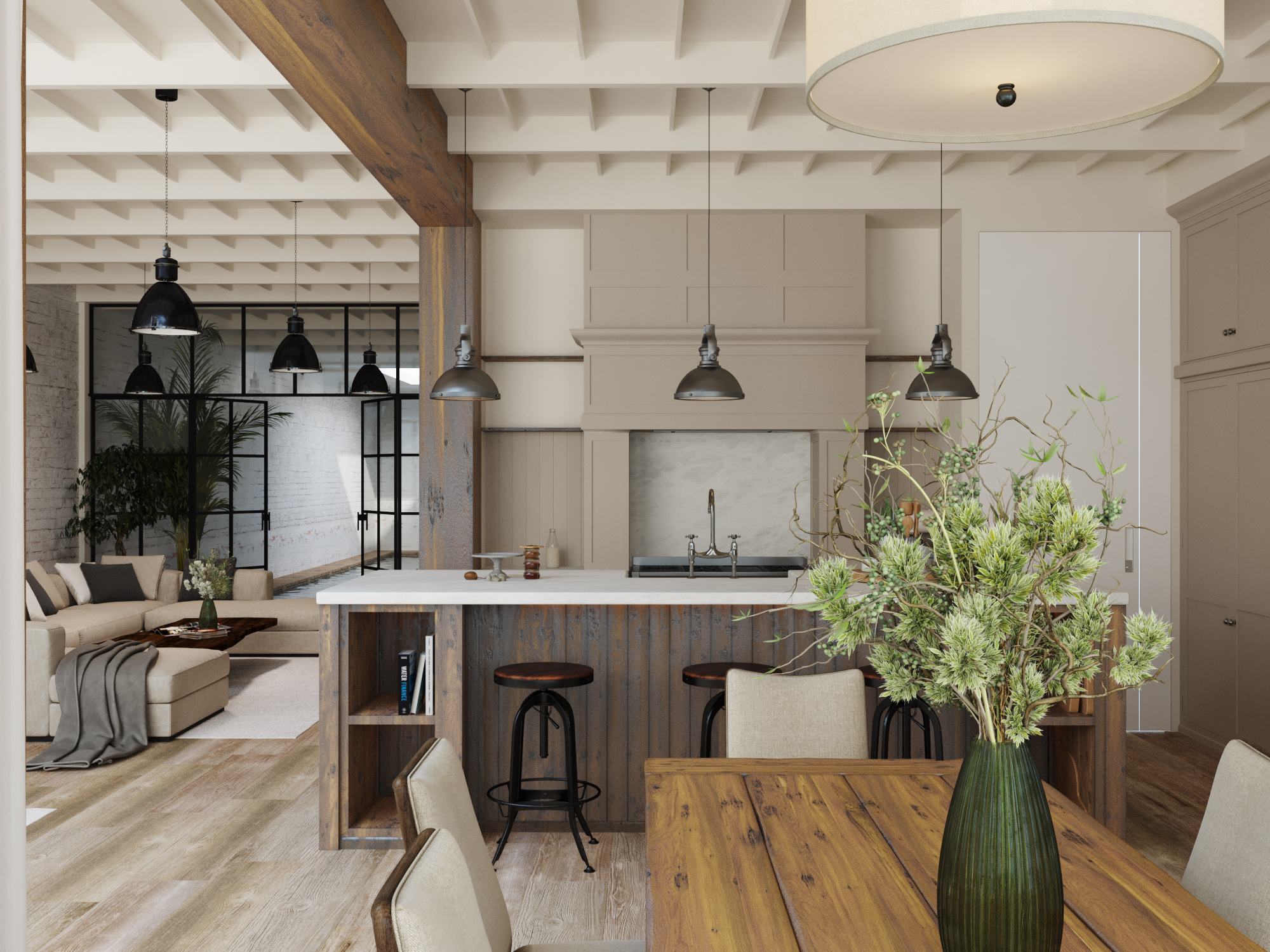 Kitchen from the dining end, with pendant lights over the island and olive branches.