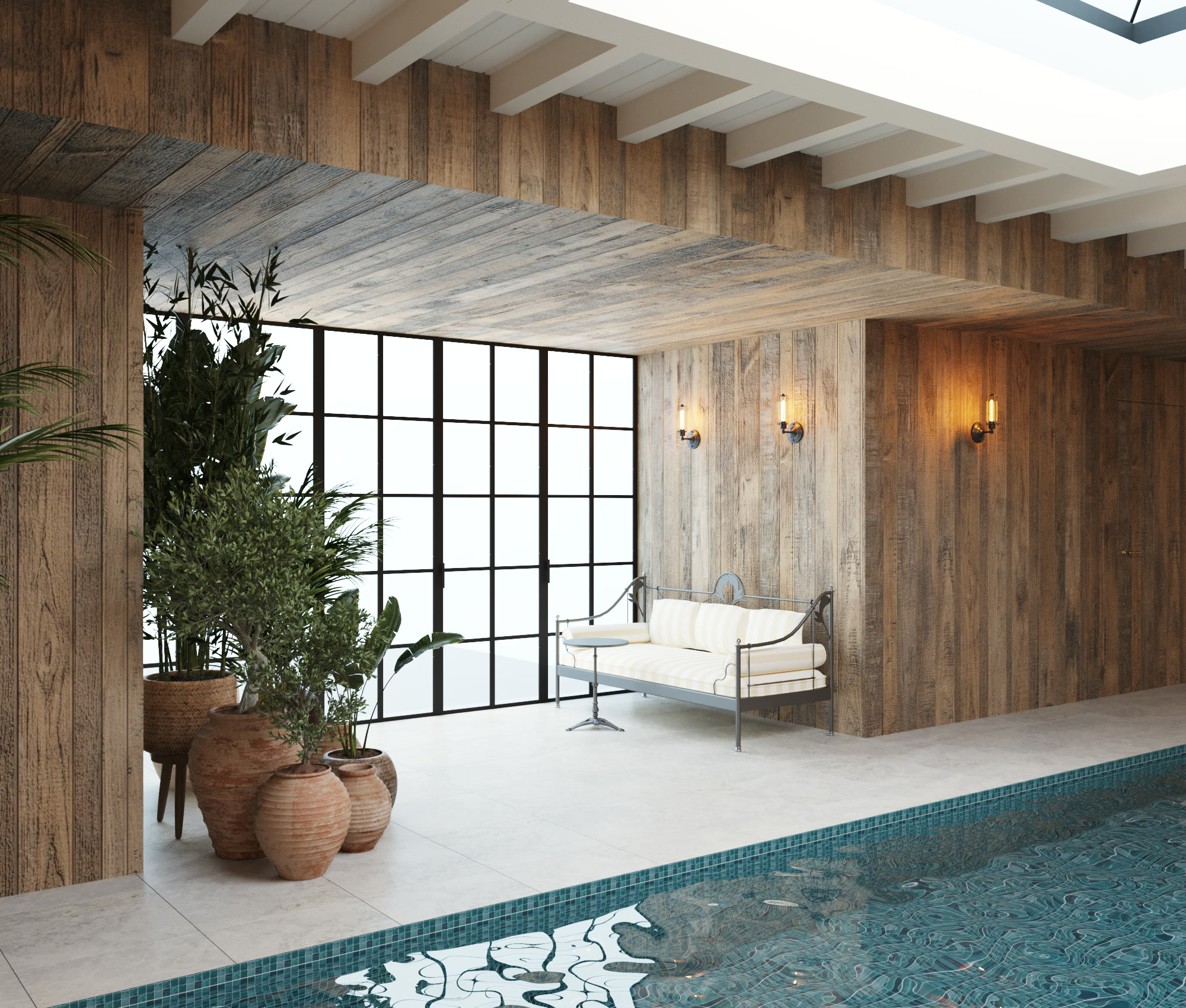 Pool room lined in timber, with a daybed and potted plants beside the mosaic-tiled pool.