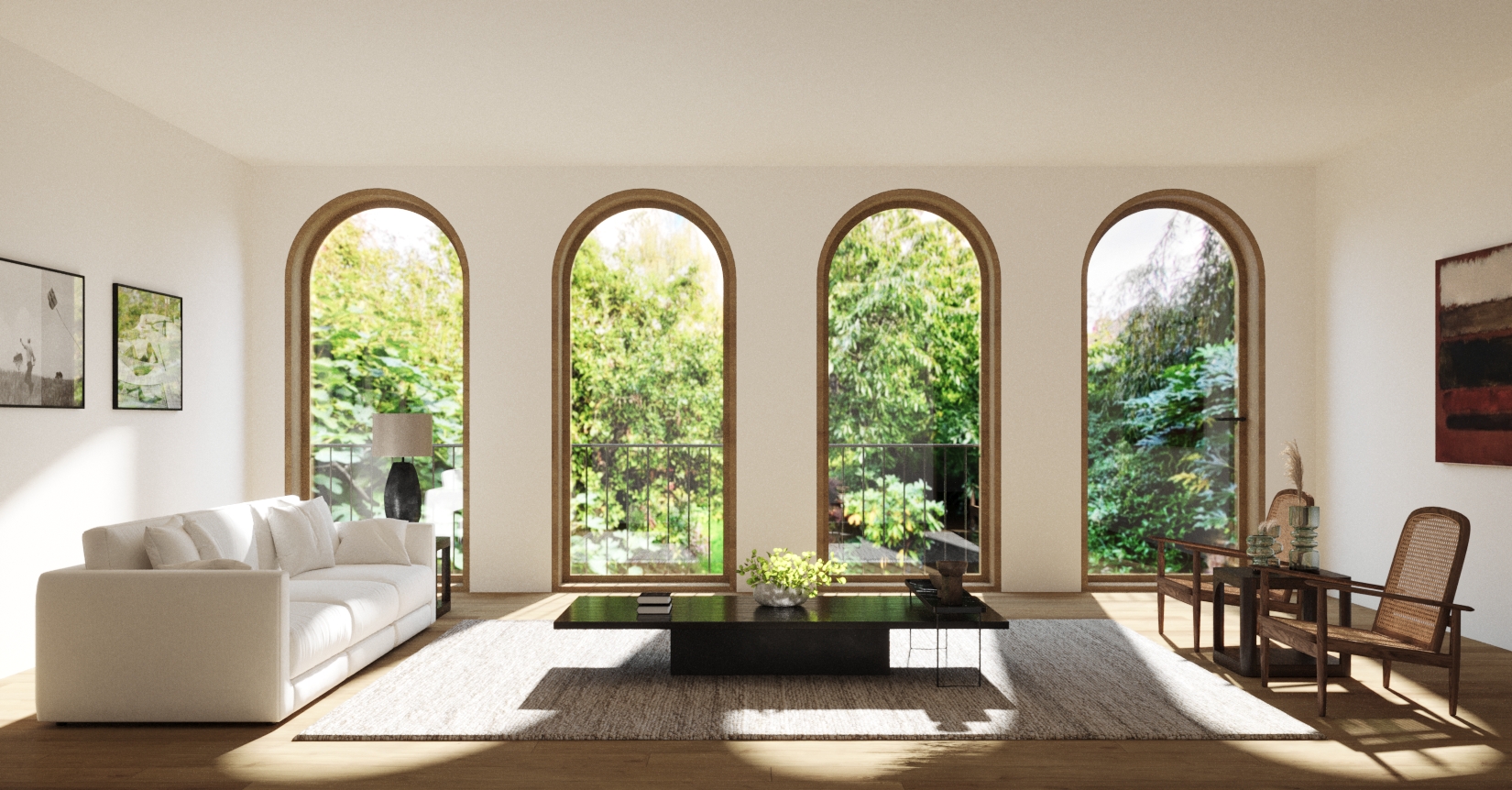Living room with four arched windows onto the garden, and a pale sofa at a low table.