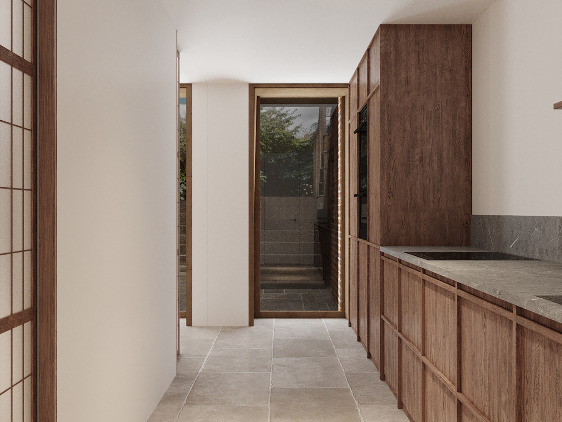 Kitchen with timber cabinetry and a stone worktop, and a door onto the garden.