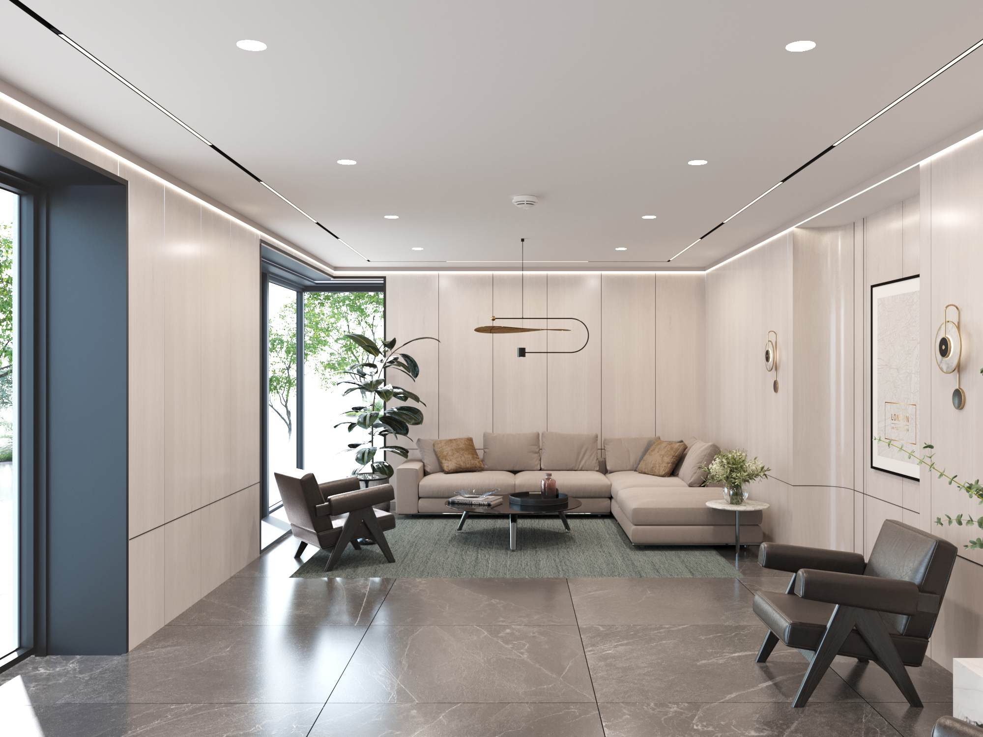 Lobby lounge with a corner sofa under a sculptural pendant, glazed to a courtyard.