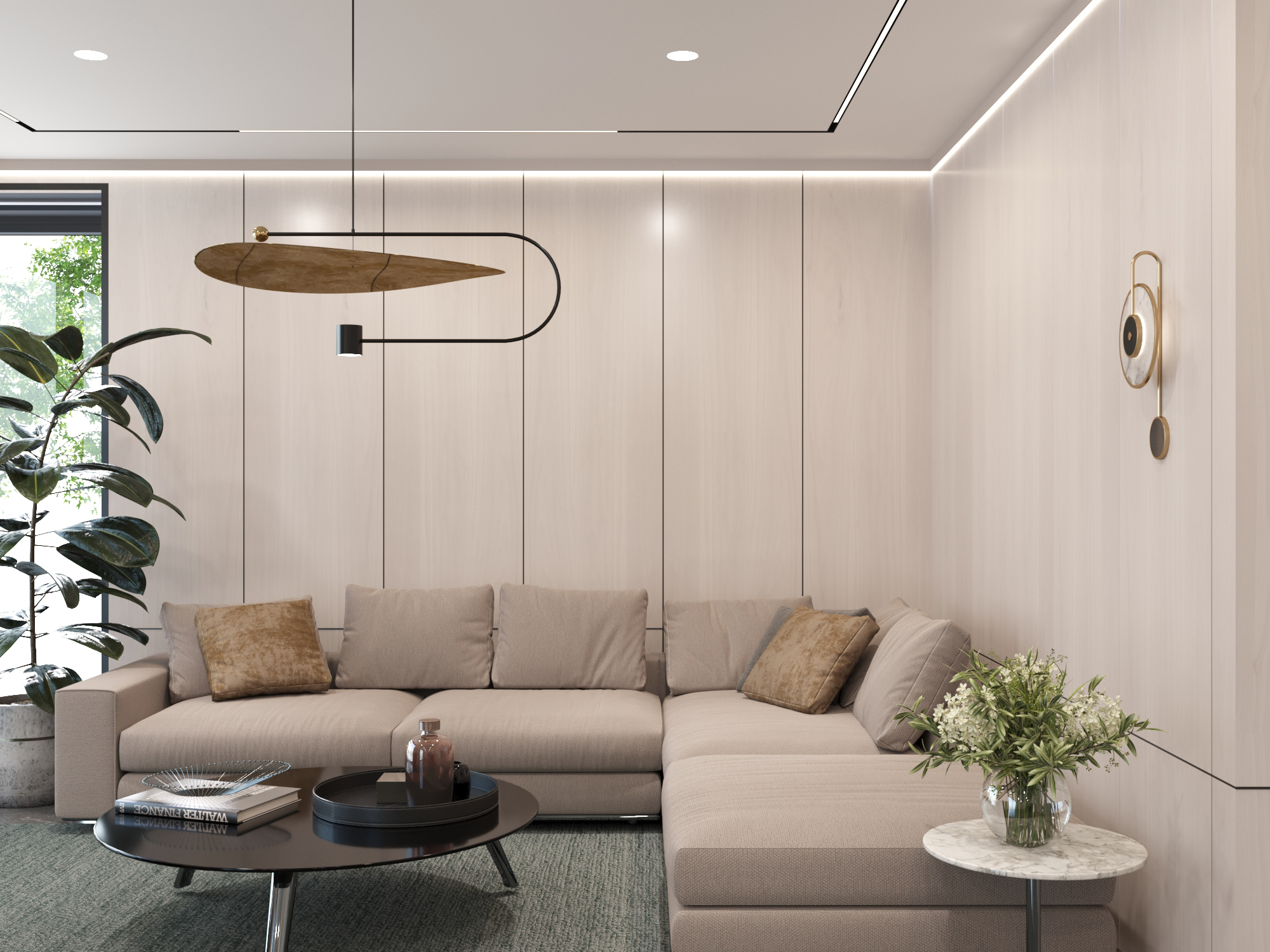 Lounge with a large corner sofa and cushions around a round black coffee table.