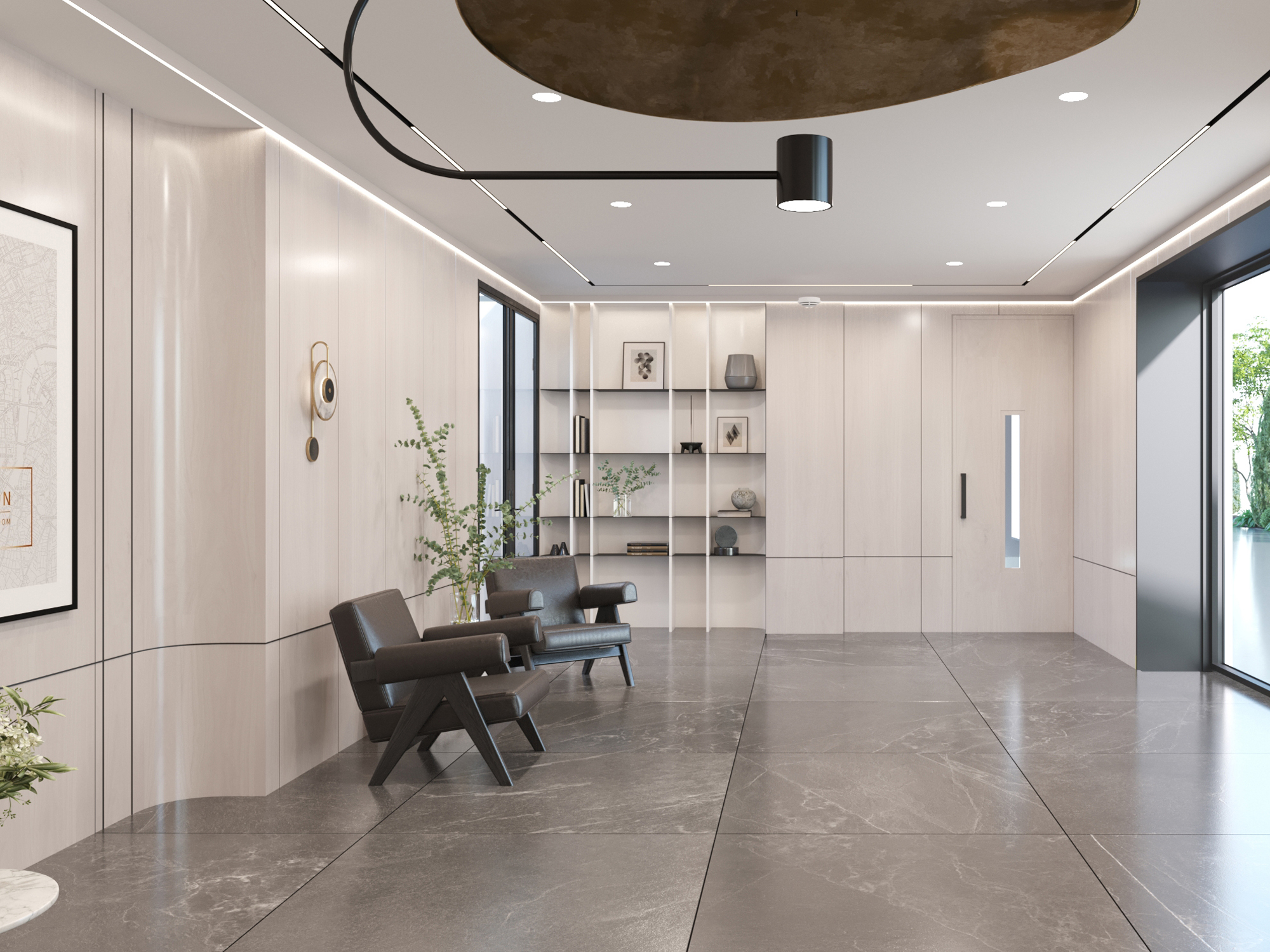 Corridor under a sculptural dark ceiling feature, with an armchair and shelving beyond.