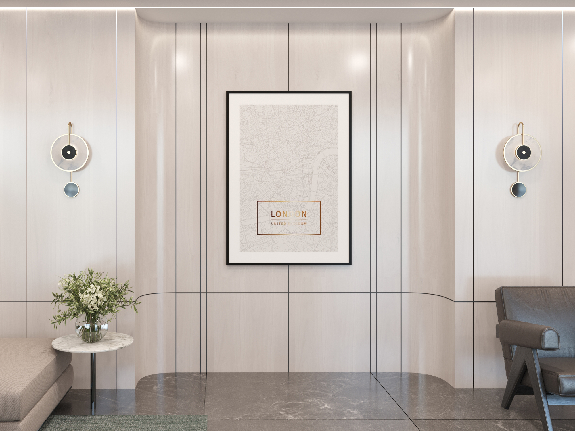 Lobby wall hung with a framed London print between two wall lights.