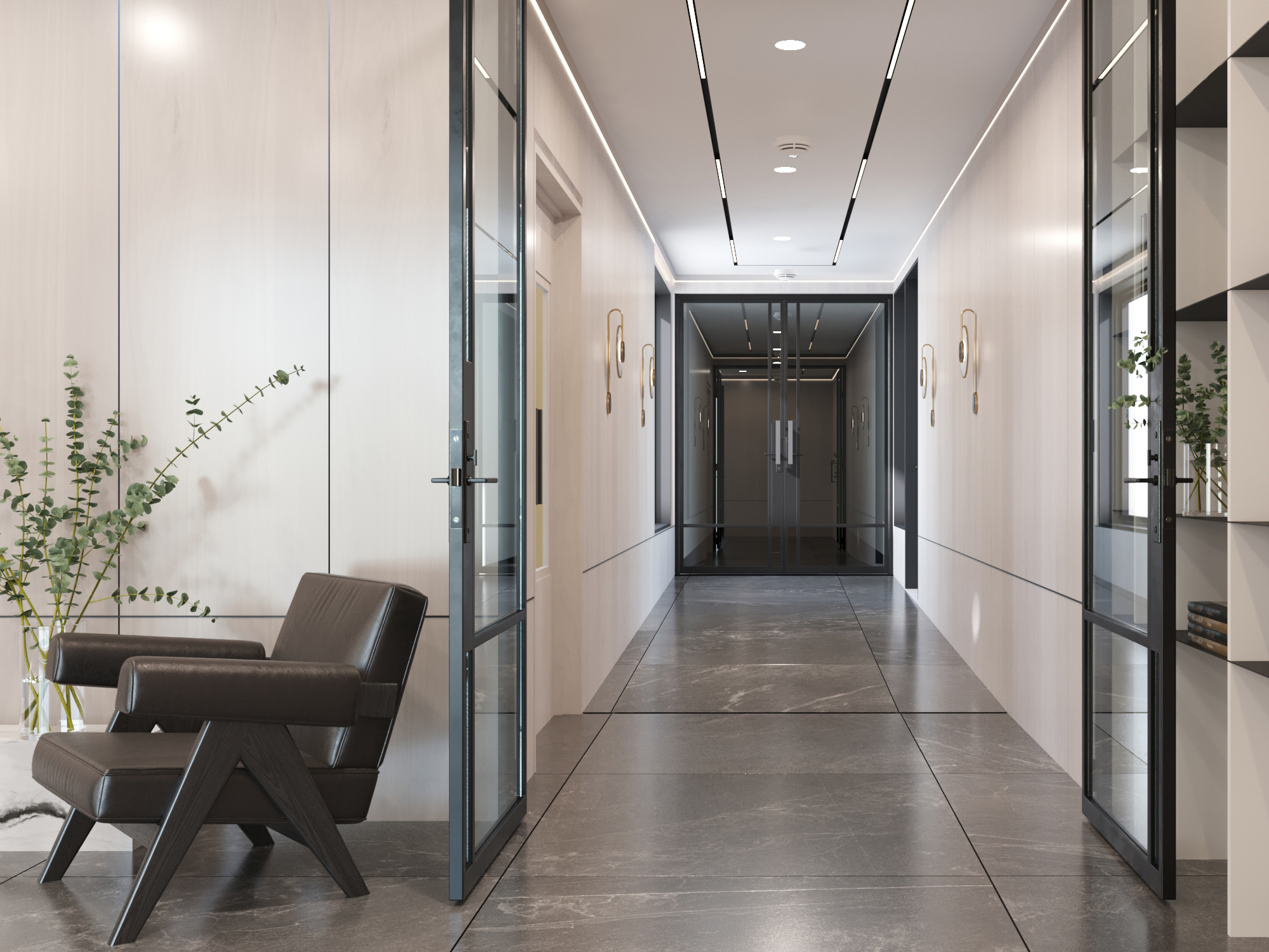 Corridor towards the lift lobby, past glazed partitions and planting.