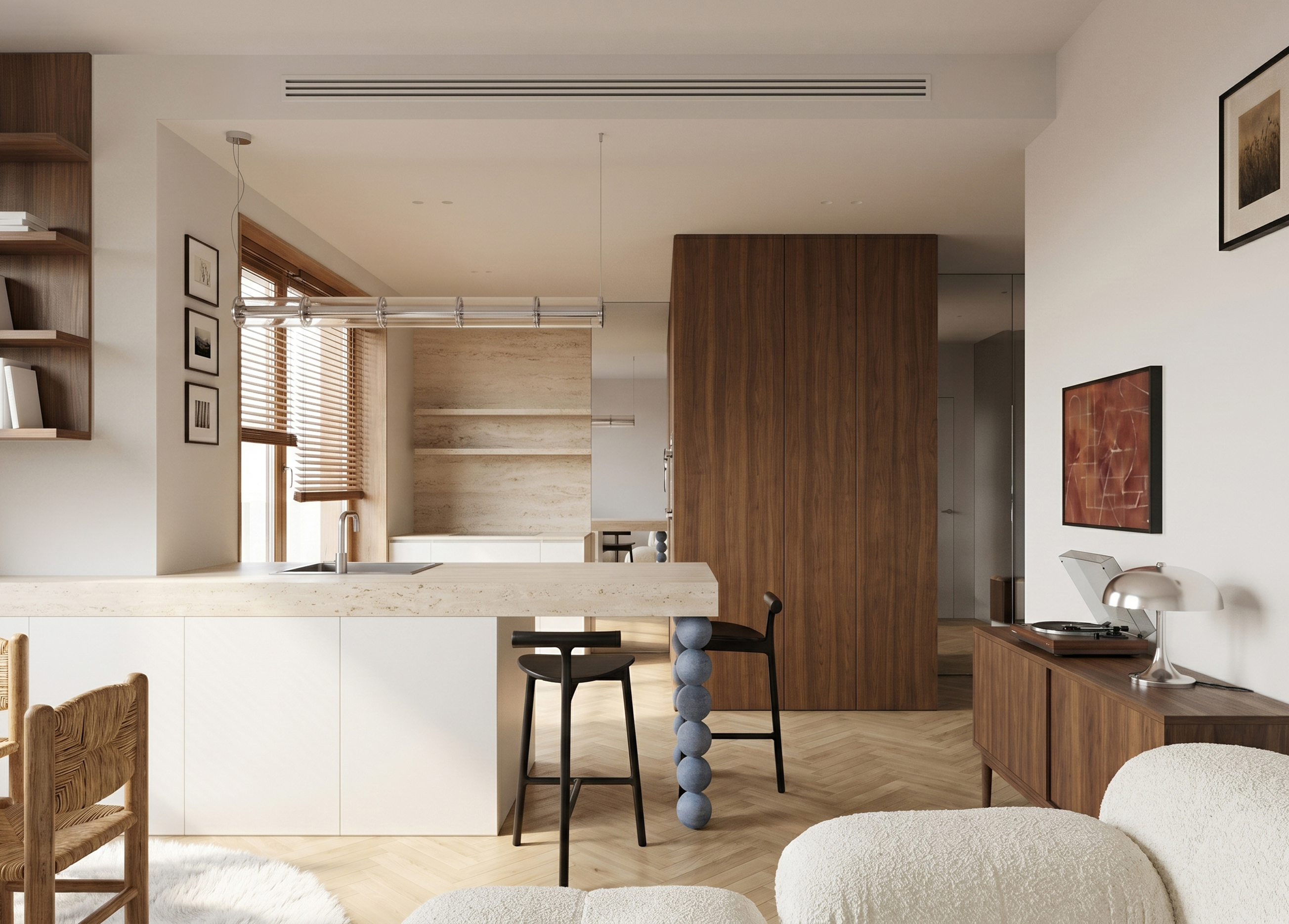 Kub Apartment, Kyiv — open-plan living and kitchen area finished in natural wood and soft textiles.