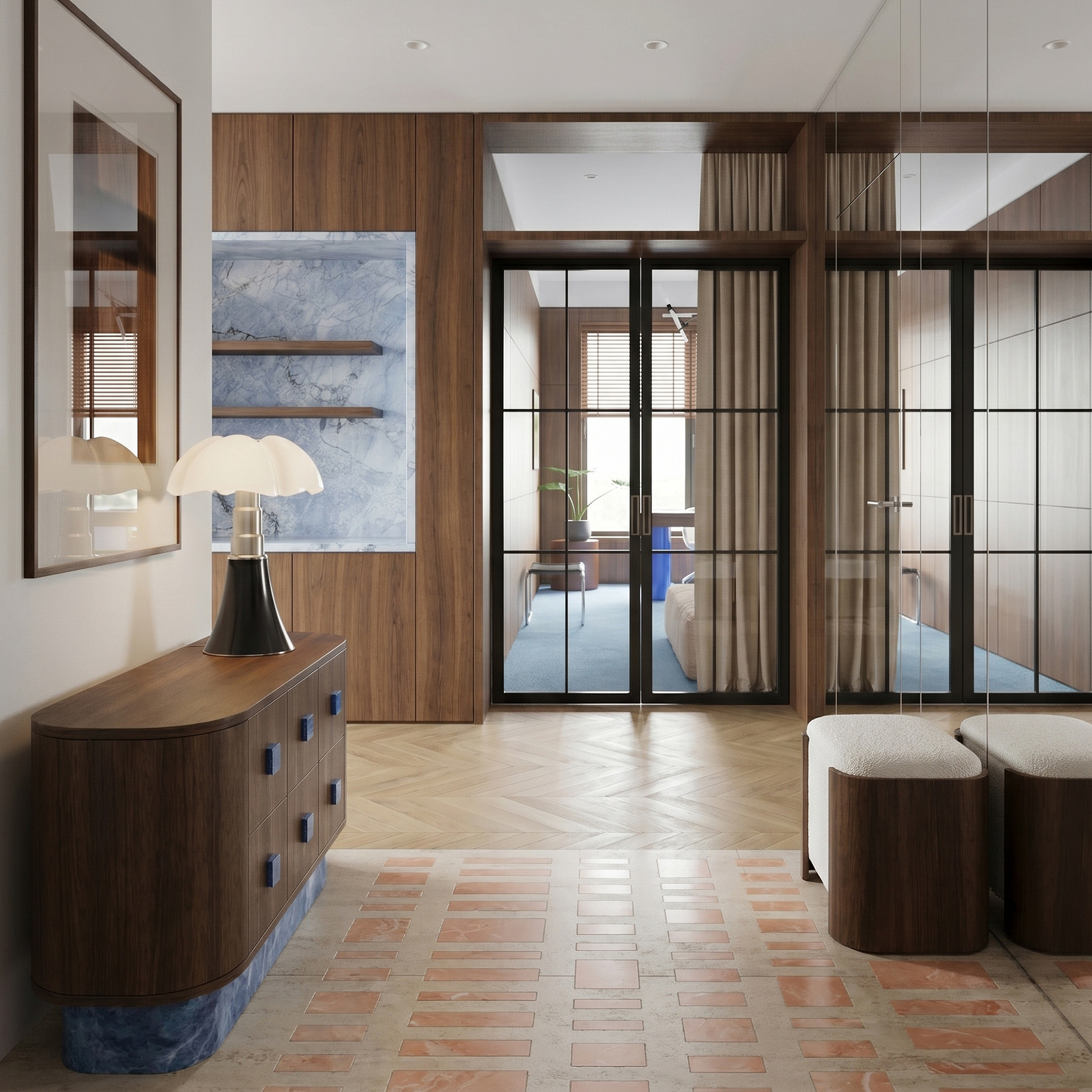 Entrance hall with a curved walnut sideboard on a blue stone base, and glazed black-framed doors through to the bedroom beyond.