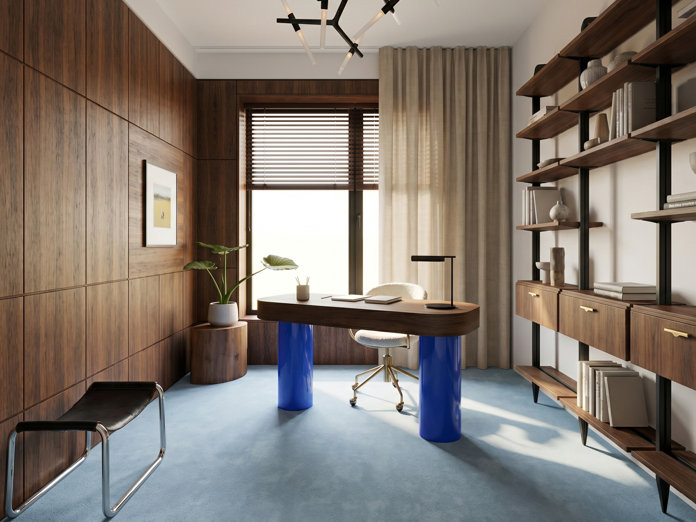 Home office with a desk on blue cylindrical legs against walnut panelling, open black shelving and a blue floor.