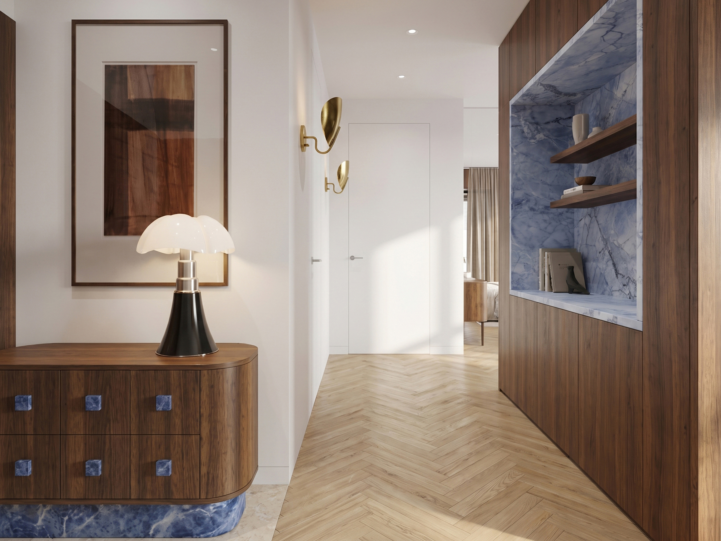 Corridor with a walnut sideboard and round mirror beside a blue stone niche set into a timber partition.